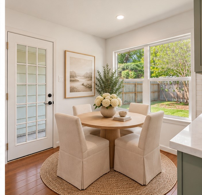 Bright breakfast nook with a round wooden table, plush chairs, and large windows overlooking a lush backyard. Virtually staged