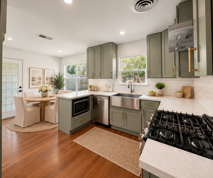 Charming kitchen with sage green cabinetry, stainless steel appliances, and a farmhouse sink. The space features hardwood floors, a cozy dining nook, and ample natural light through large windows and a glass-paneled door. Virtually staged