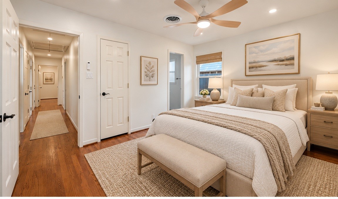 Spacious and inviting bedroom with warm wood floors, elegant neutral decor, and ample natural light, featuring a cozy bed, stylish ceiling fan, and serene artwork. Virtually staged