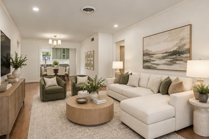Elegant living room with a cozy, neutral-toned sectional and plush armchairs, accented by tasteful greenery and modern artwork. The open layout leads to a dining area, creating a welcoming and spacious atmosphere.
Virtually staged