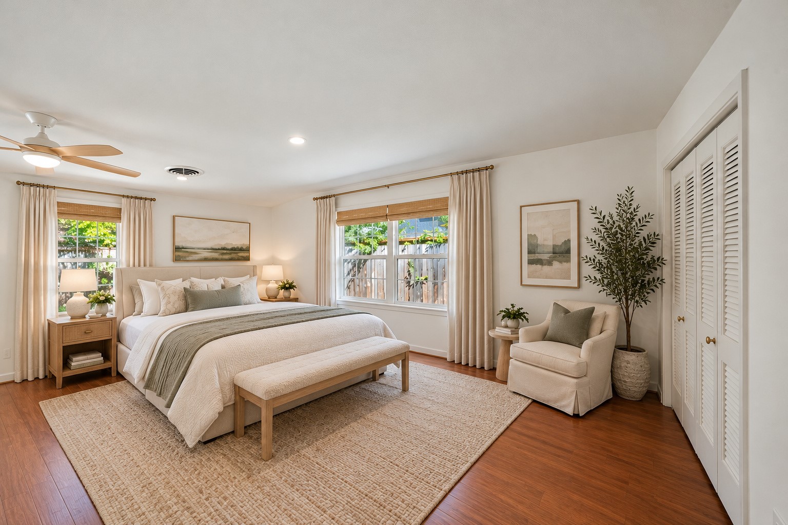 Spacious and serene bedroom featuring a large window with garden views, elegant neutral decor, and warm wood flooring. Virtually staged