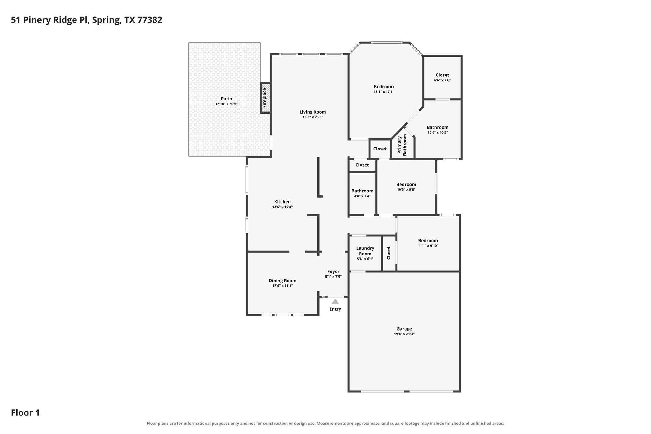 Explore the single-story floor plan to see how the living areas, bedrooms, kitchen, and garage connect. Dimensions are approximate.