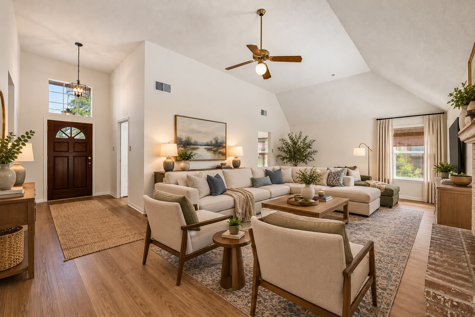 Den and entry virtually staged without dining area