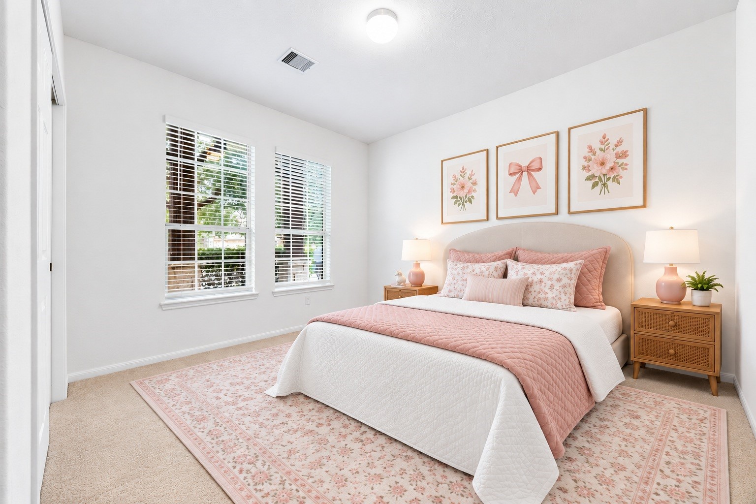 Twin windows dressed in new blinds bring soft natural light into this secondary bedroom, which offers plush carpet and a spacious closet. Virtually staged.