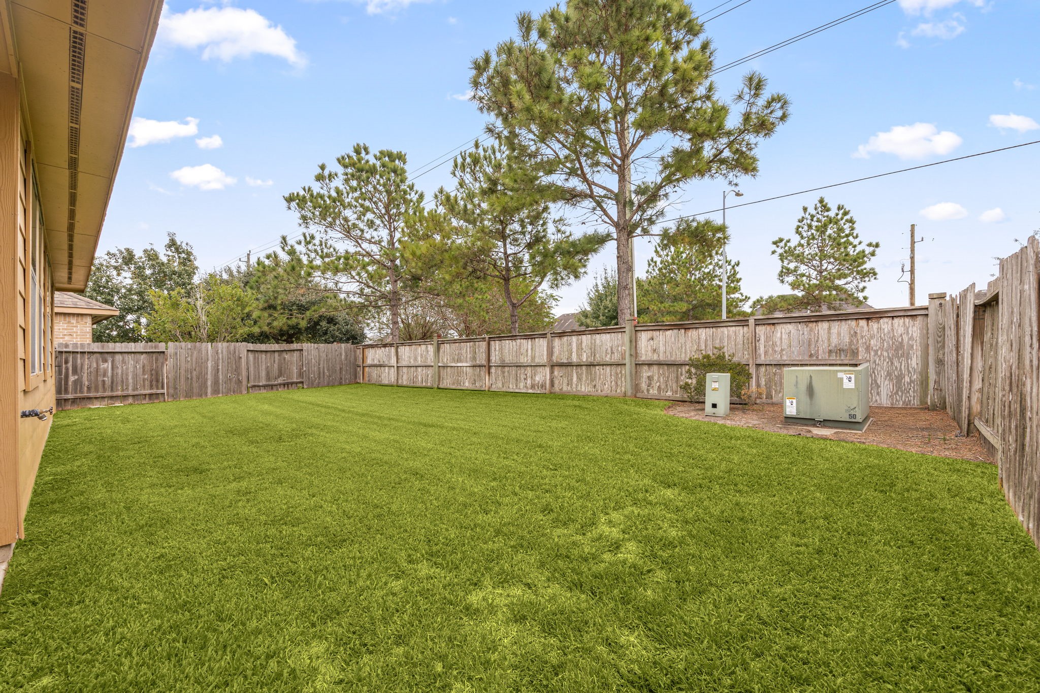 Tall pines rise along the back fence line, adding natural shade and a peaceful backdrop to the expansive, fully fenced lawn.