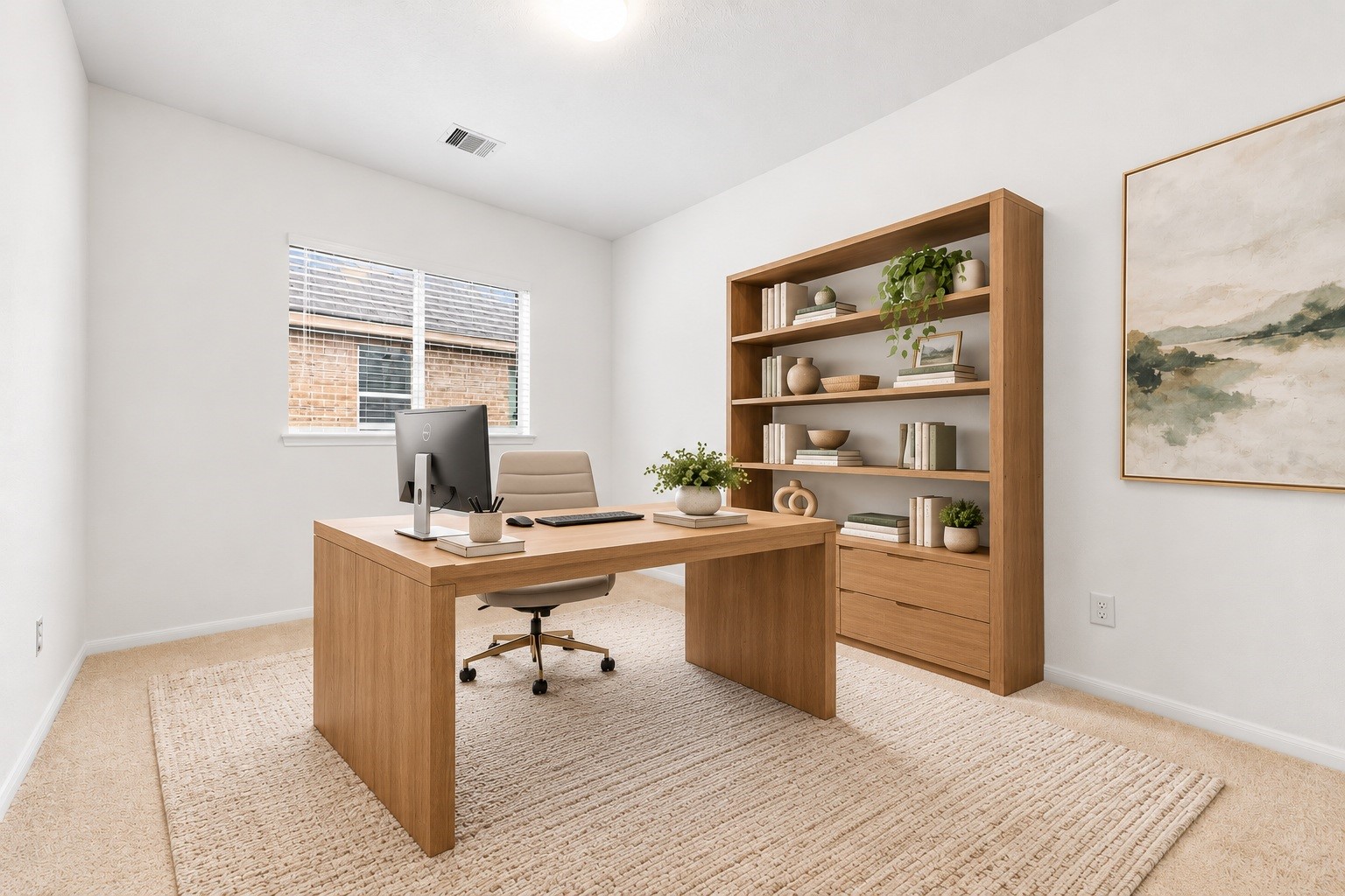 Tucked behind double doors, the private home office makes working from home easy, with plush carpet and a window dressed in new blinds. Virtually staged. Tucked behind double doors, the private home office makes working from home easy, with plush carpet and a window dressed in new blinds. Virtually staged.