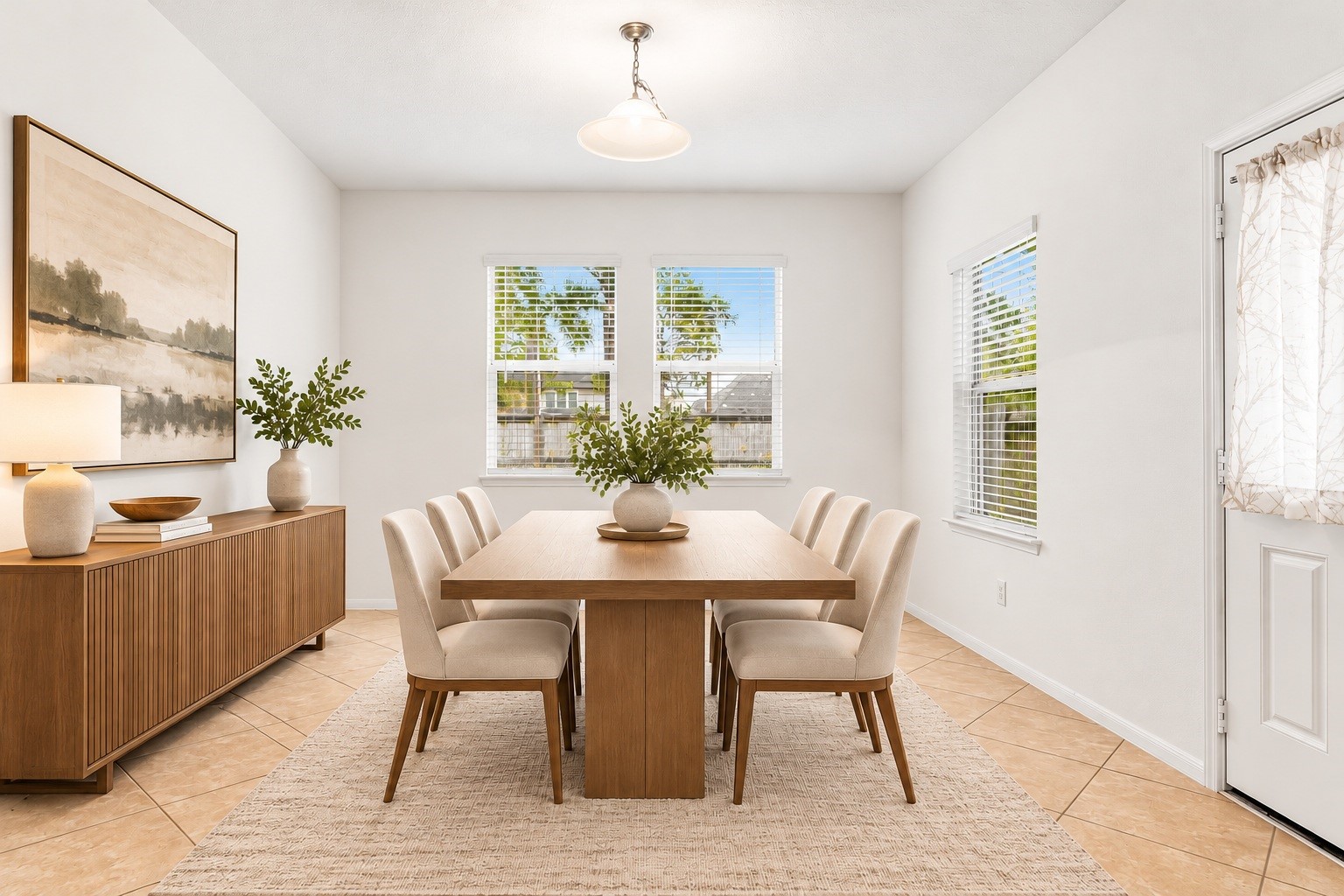 The sunlit breakfast room sits just off the kitchen, with windows on two sides, a classic pendant light, and a door leading out to the backyard. Virtually staged. The sunlit breakfast room sits just off the kitchen, with windows on two sides, a classic pendant light, and a door leading out to the backyard. Virtually staged.