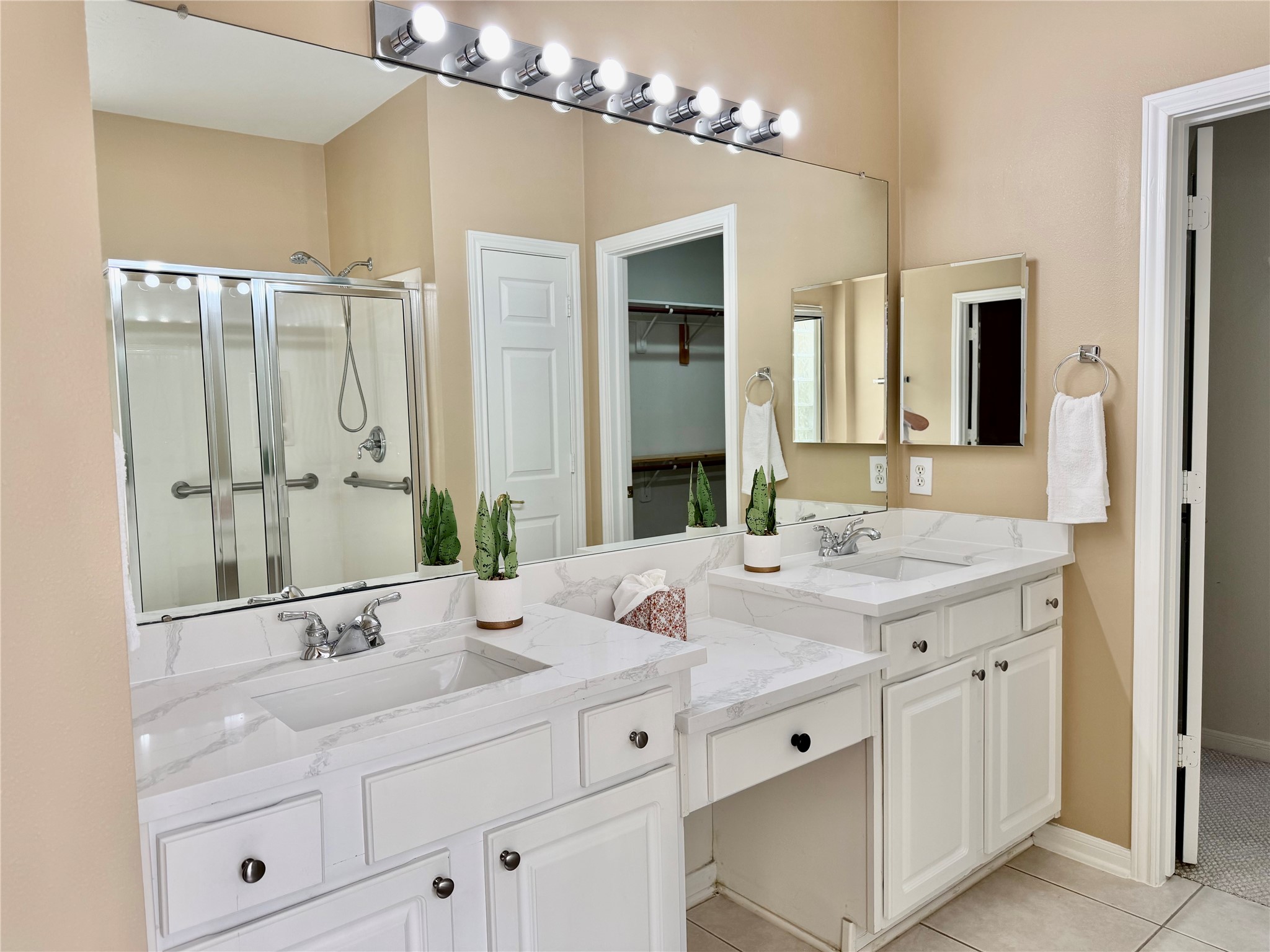 Vanity area with Quartz counters