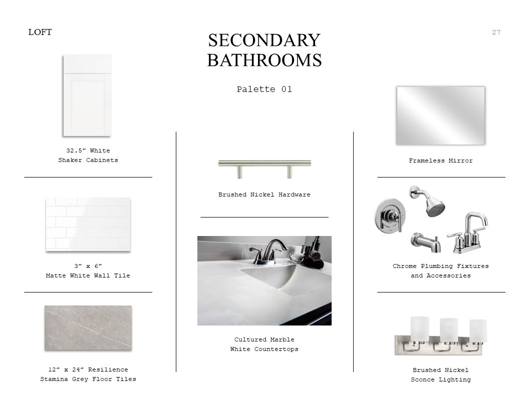 Loft Look Palette 1: Secondary Bathrooms Selection Sheet (*Artist rendering used for illustration purposes only.)