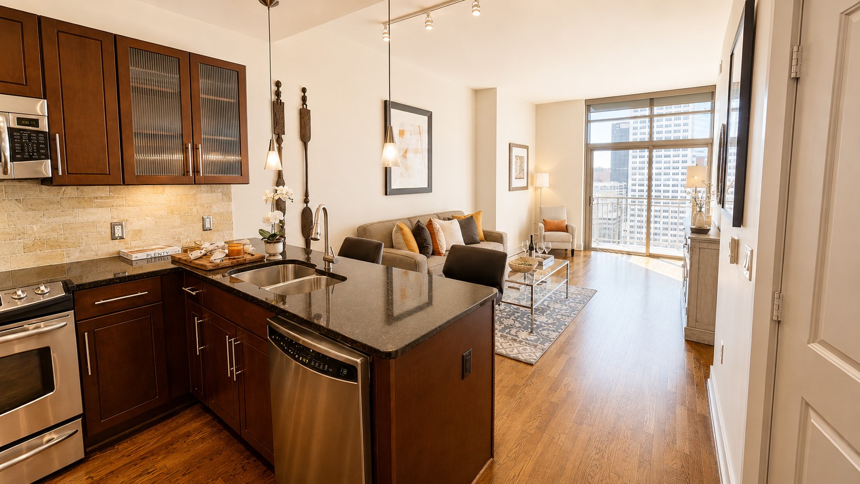 From here, you can really appreciate how well the spaces flow together. The kitchen opens naturally into the living room, with the skyline drawing your eye toward the windows beyond.