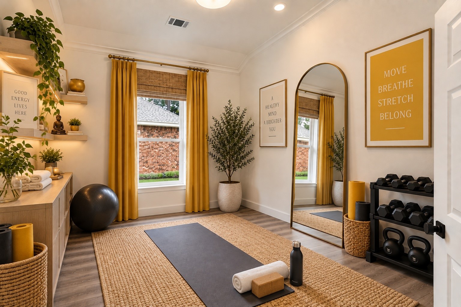 (VIRTUALLY STAGED PHOTO) One of 18 Griffin Hill Court's versatile flex rooms is brought to life with virtual staging, showcasing its potential as a home gym, yoga studio, or hobby room. The space features bright natural light, stylish curtains, lush potted plants, and a dedicated workout area  demonstrating the remarkable flexibility of this wonderful home.