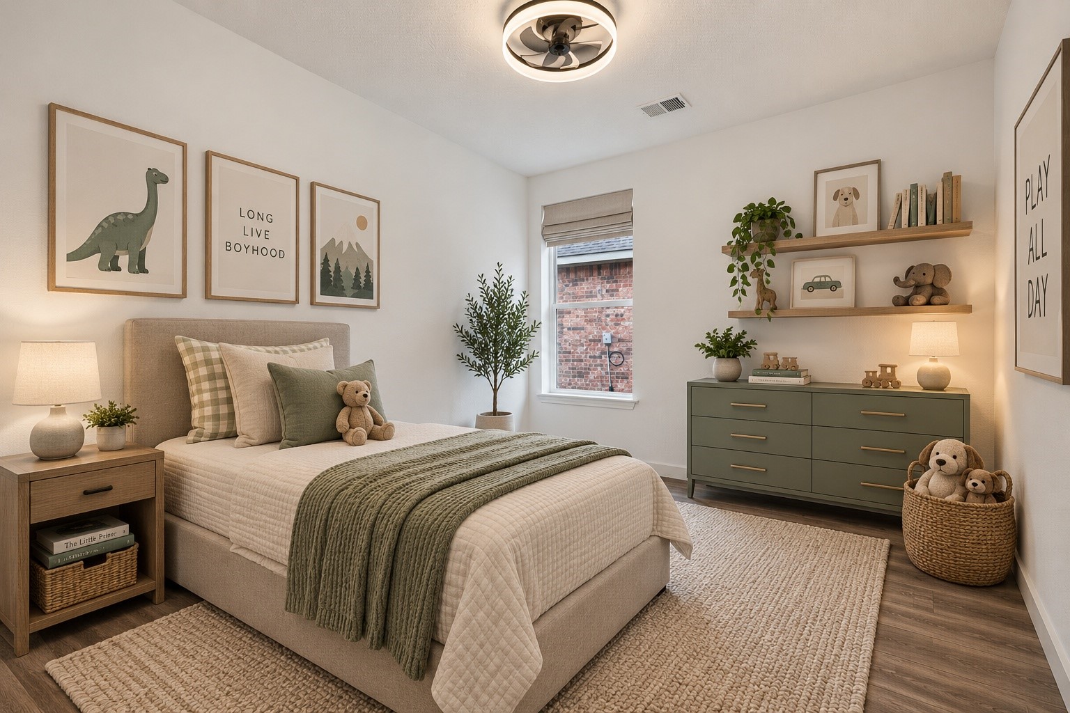 (VIRTUALLY STAGED PHOTO) A beautifully designed secondary bedroom at 18 Griffin Hill Court is brought to life through virtual staging, featuring a cozy bed with stylish bedding, warm accent dcor, framed artwork, and potted plants against a calming sage green accent wall. This space perfectly illustrates the home's potential for creating personalized, stylish retreats.