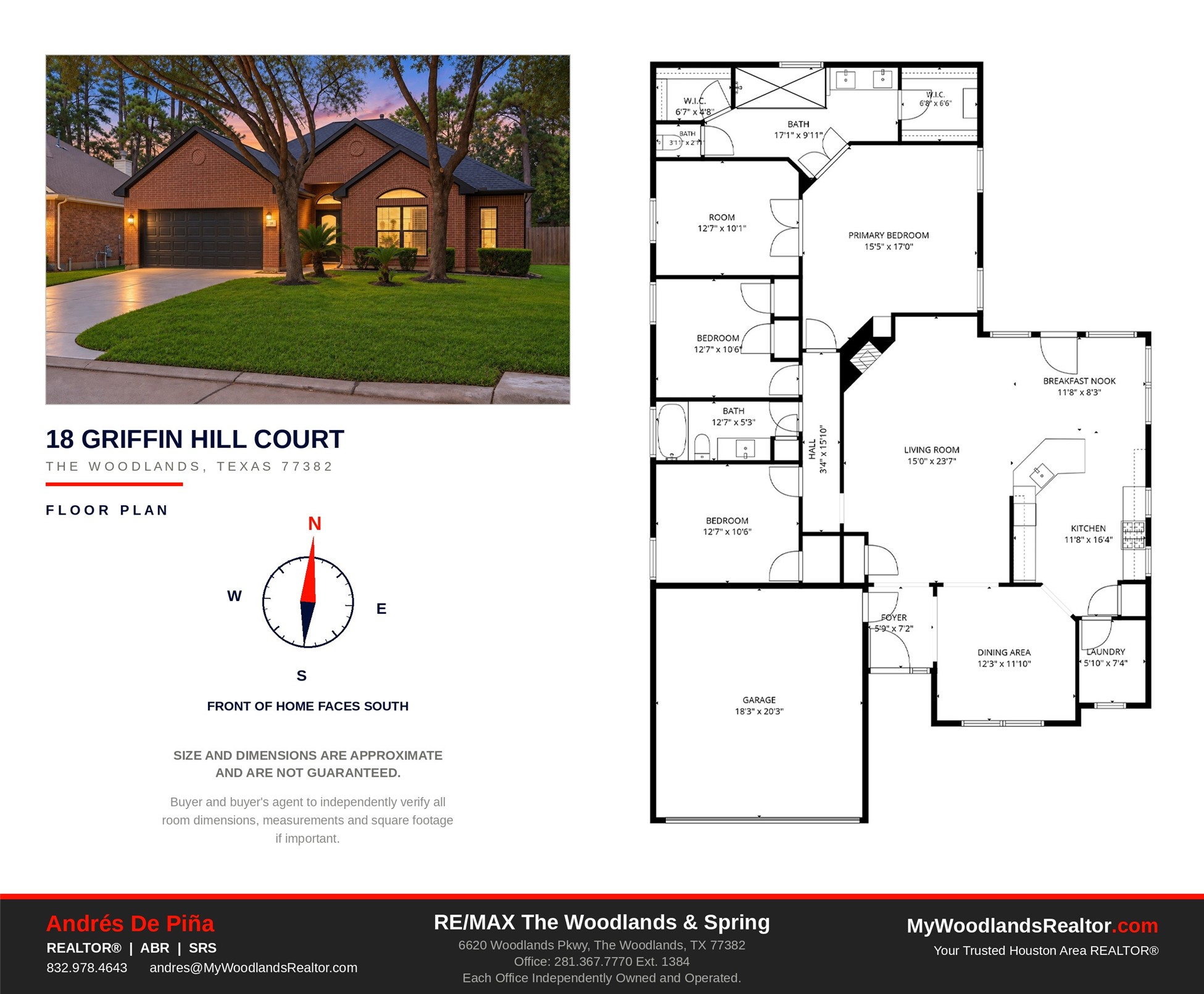 Detailed floor plan for 18 Griffin Hill Court, showcasing the thoughtful single-story layout including all bedrooms, living areas, the chef's kitchen, dining spaces, and attached two-car garage. A compass rose orients the plan for easy reference as you explore this wonderful, well-designed home.