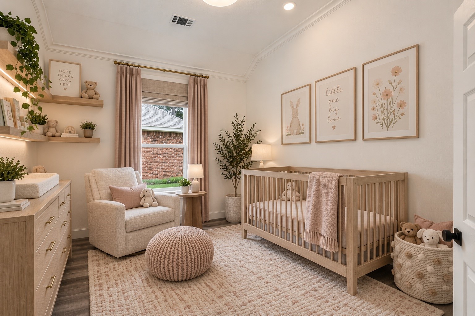 (VIRTUALLY STAGED PHOTO) This beautifully envisioned nursery at 18 Griffin Hill Court shows the endless potential of the home's flexible bedroom spaces. Virtual staging presents a charming setup complete with a crib, cozy chair, soft dcor, and delicate window treatments  a warm and welcoming space ready to grow with your family's evolving needs.