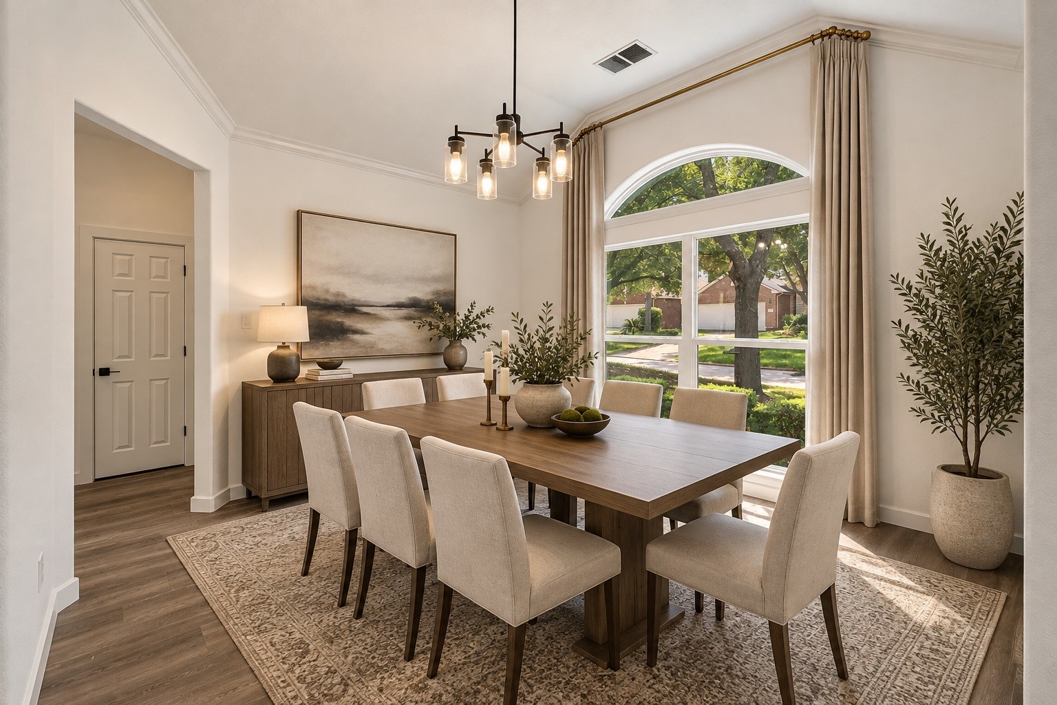 (VIRTUALLY STAGED PHOTO) Visualize the possibilities in this gorgeous formal dining room at 18 Griffin Hill Court. Virtual staging showcases how beautifully a classic dining set with upholstered chairs and an elegant chandelier complement the arched window, warm-toned walls, and rich dark hardwood-style flooring in this inviting, light-filled space.
