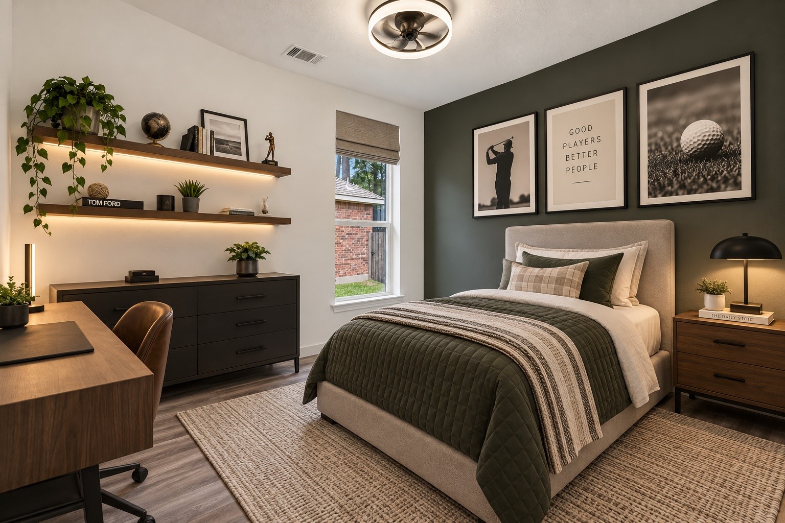 (VIRTUALLY STAGED PHOTO) This virtually staged secondary bedroom at 18 Griffin Hill Court showcases the dramatic potential of the room's versatile proportions. A bold dark accent wall creates a striking backdrop for the styled bed, floating shelves, artwork, and curated dcor  illustrating how easily this room transforms into a sophisticated and personal retreat.