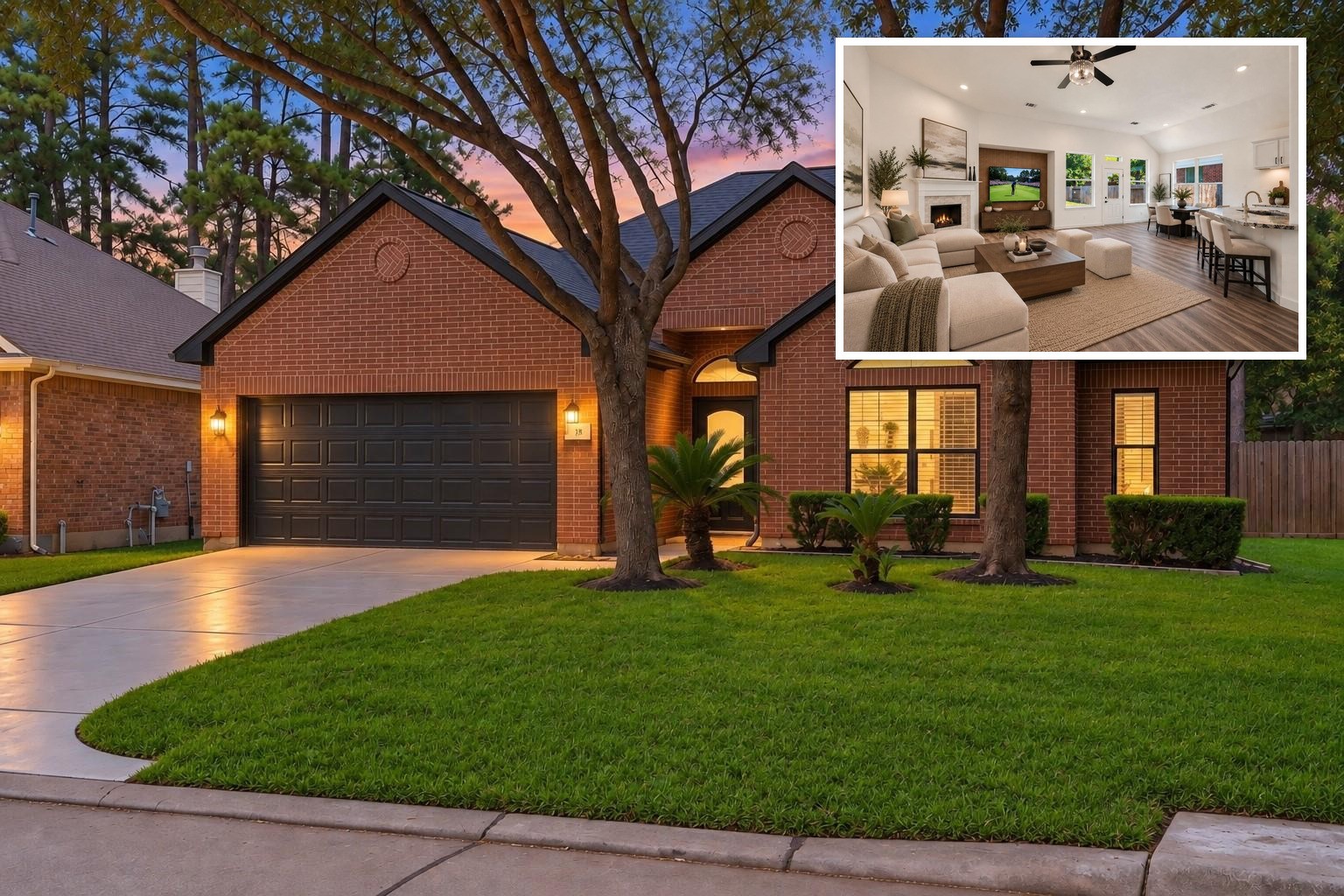 Welcome to 18 Griffin Hill Court! Front of the home at twilight with an inset view of the living room (virtually staged). SOME PHOTOS MAY BE AI ENHANCED OR VIRTUALLY STAGED. Welcome to 18 Griffin Hill Court! Front of the home at twilight with an inset view of the living room (virtually staged). SOME PHOTOS MAY BE AI ENHANCED OR VIRTUALLY STAGED.