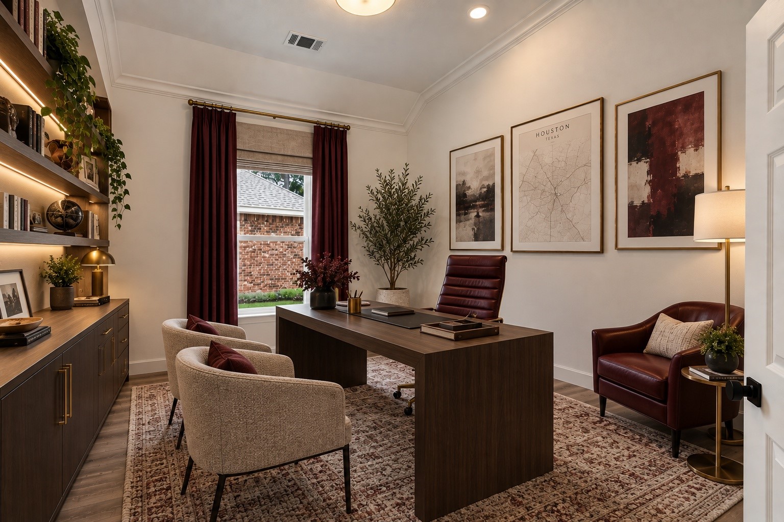 (VIRTUALLY STAGED PHOTO) The sophisticated home office or executive study at 18 Griffin Hill Court is dramatically envisioned through virtual staging, featuring rich dark-wood built-in bookshelves, elegant furnishings, and deep burgundy window treatments. This inspiring workspace reflects the home's thoughtful layout and its ability to support a modern work-from-home lifestyle.