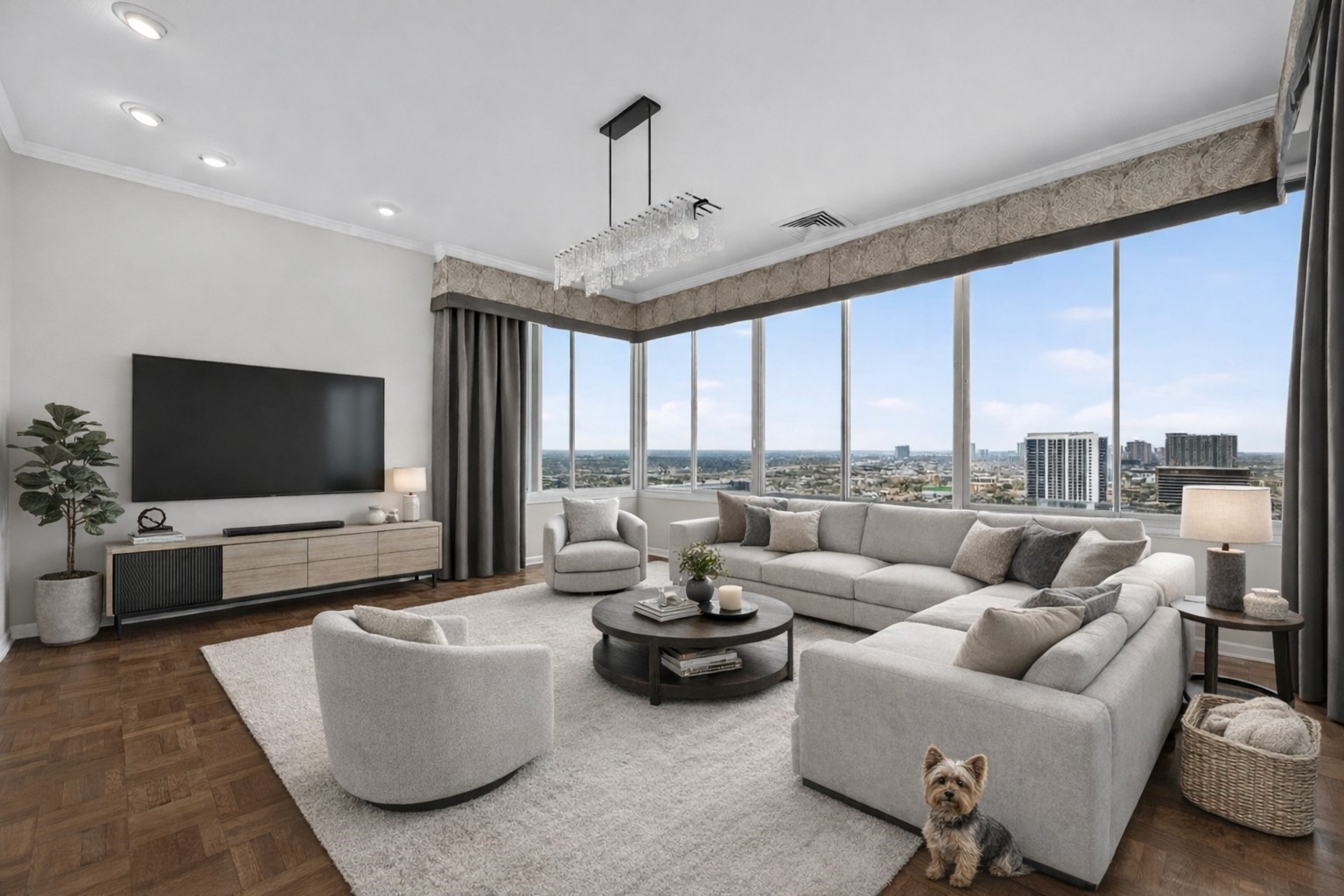 Virtually stagedSpacious and elegant living room with floor-to-ceiling windows offering stunning city views, complemented by a modern, cozy seating arrangement and stylish decor. Virtually stagedSpacious and elegant living room with floor-to-ceiling windows offering stunning city views, complemented by a modern, cozy seating arrangement and stylish decor.