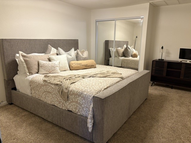 Cozy bedroom featuring a plush upholstered bed with elegant bedding, mirrored closet doors, and a compact entertainment unit for a comfortable retreat.