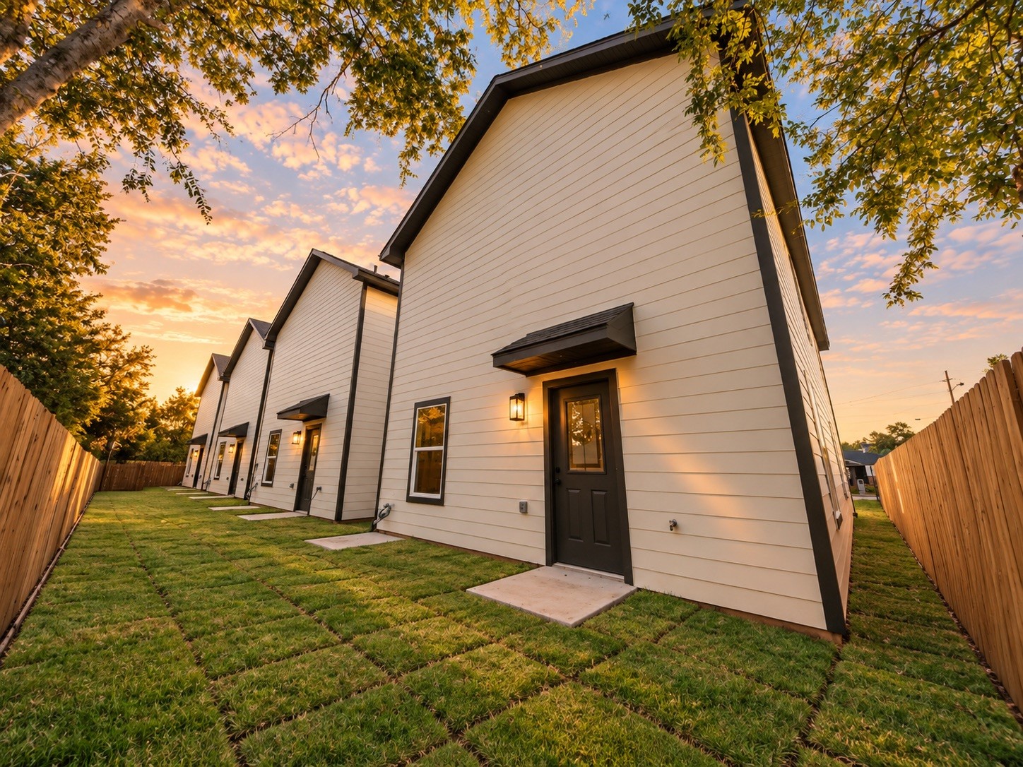 Rear exterior view showcasing the home's modern design, fully fenced backyard, private outdoor space & convenient access from the main living area.