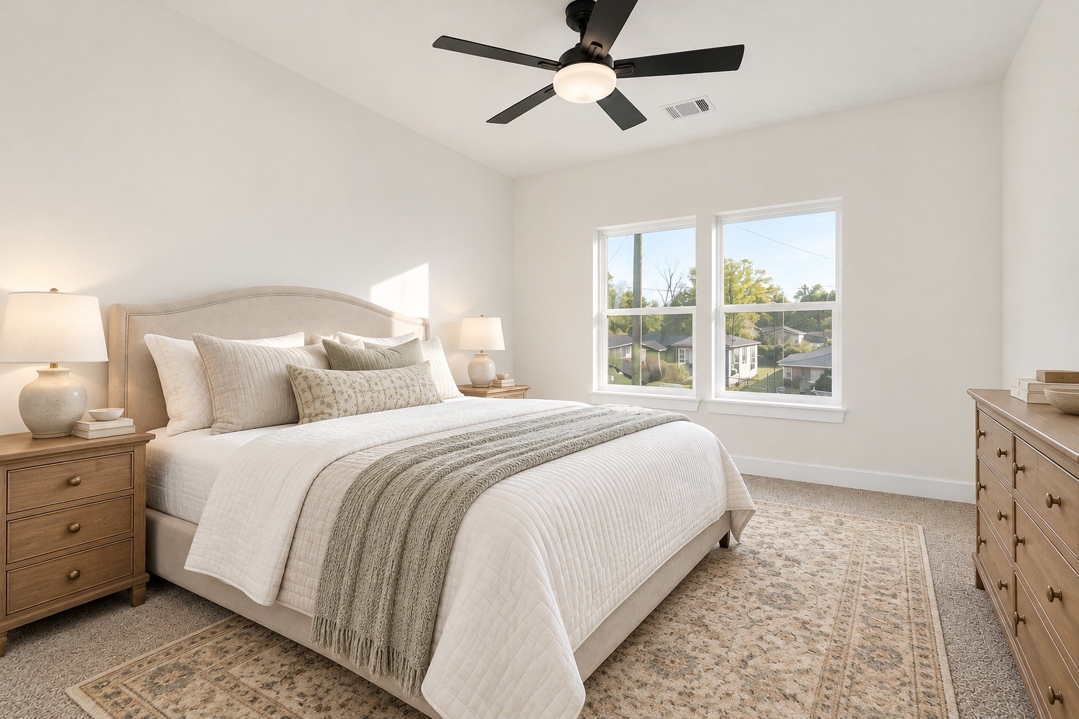 Another generously sized upstairs bedroom featuring plush carpeting, ceiling fan, large windows & a versatile layout with plenty of room for bedroom furniture | Virtually staged
