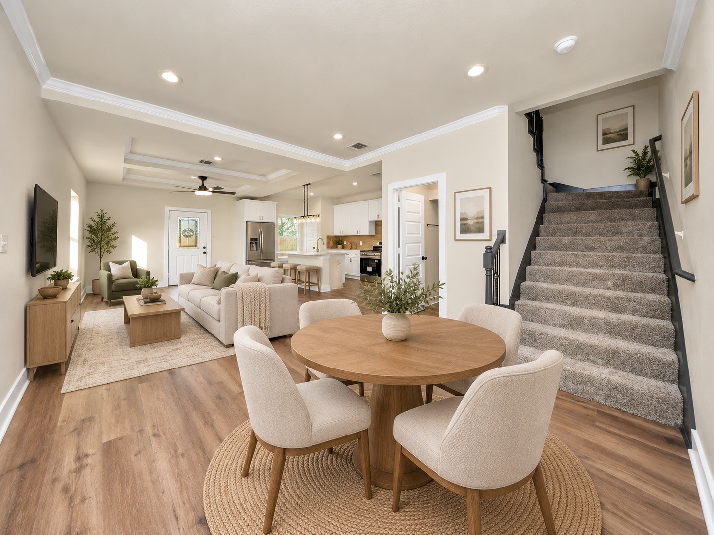 Open-concept first floor featuring 9-ft ceilings, durable LVP flooring, crown molding, oversized baseboards & a spacious dining area with easy access to the kitchen | Virtually staged