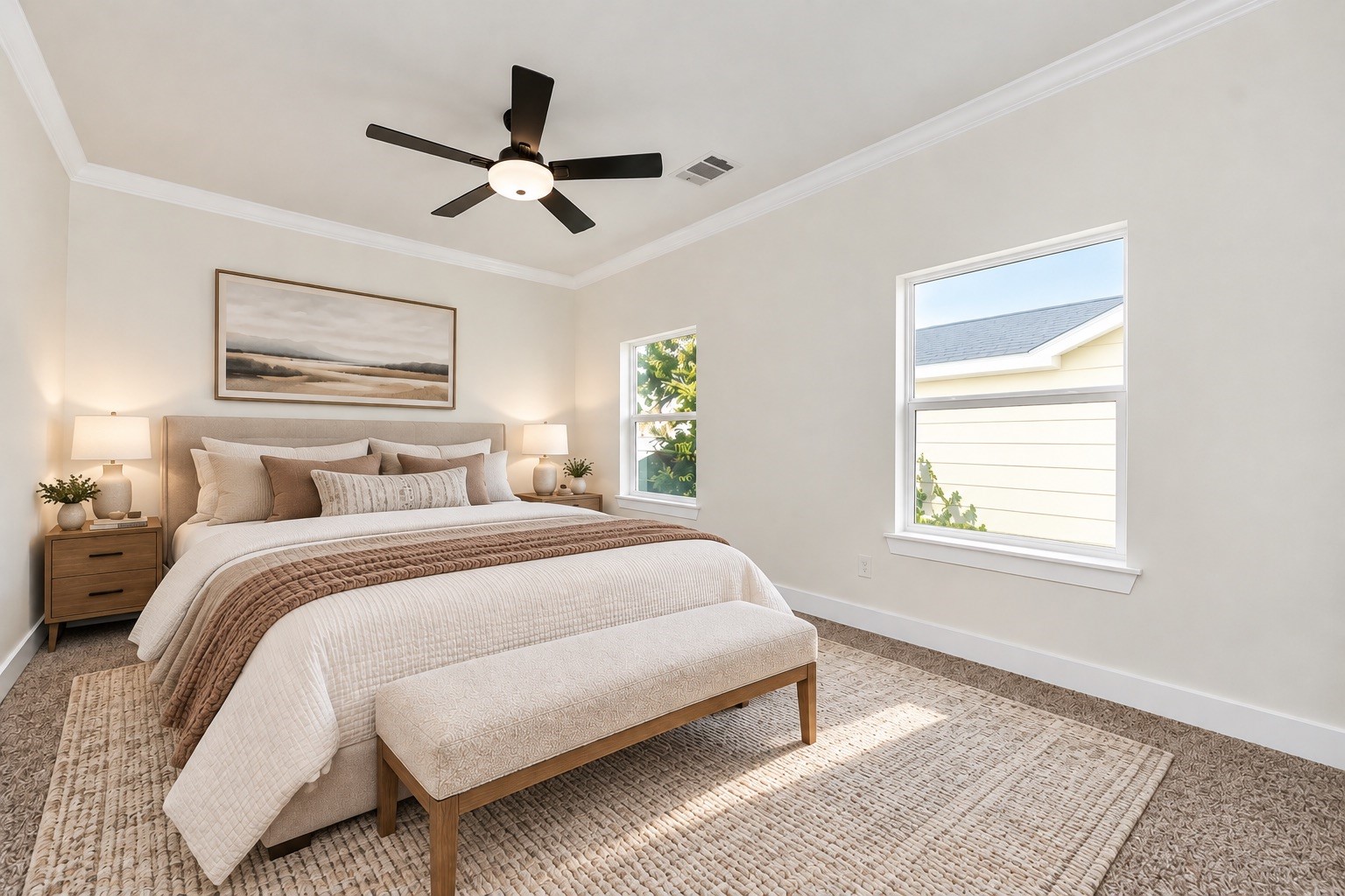 Spacious upstairs primary suite featuring an elegant tray ceiling, crown molding, ceiling fan, plush carpeting & large windows providing plenty of natural light | Virtually staged