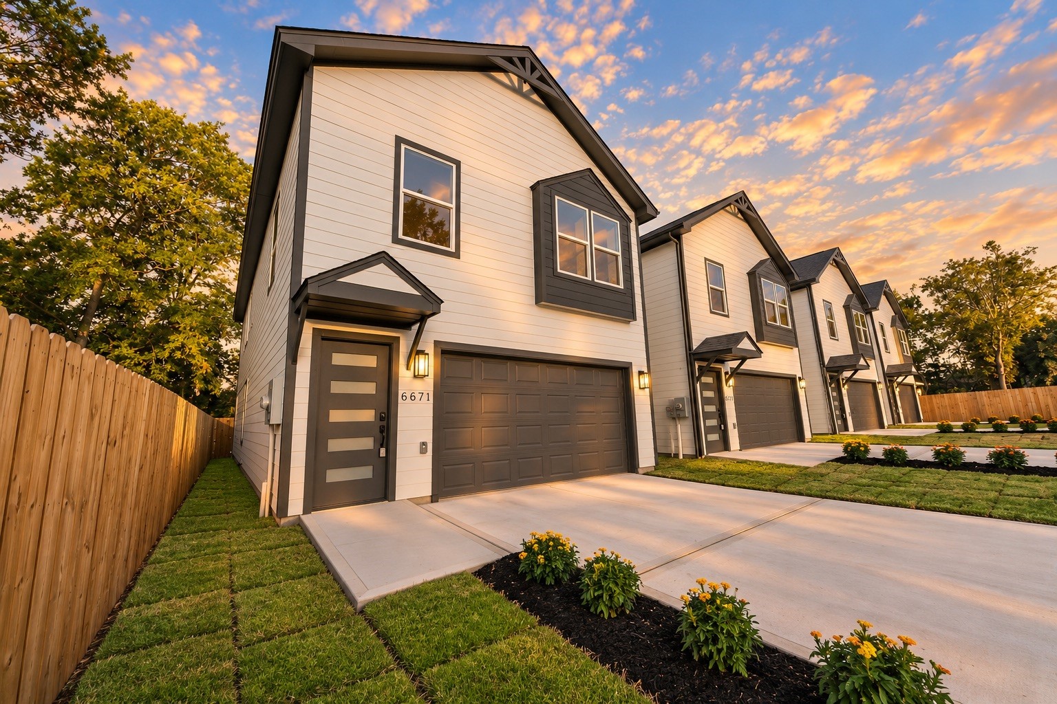 Beautiful front elevation showcasing the home's modern design, decorative exterior accents, covered entry, contemporary front door & spacious 2-car garage.