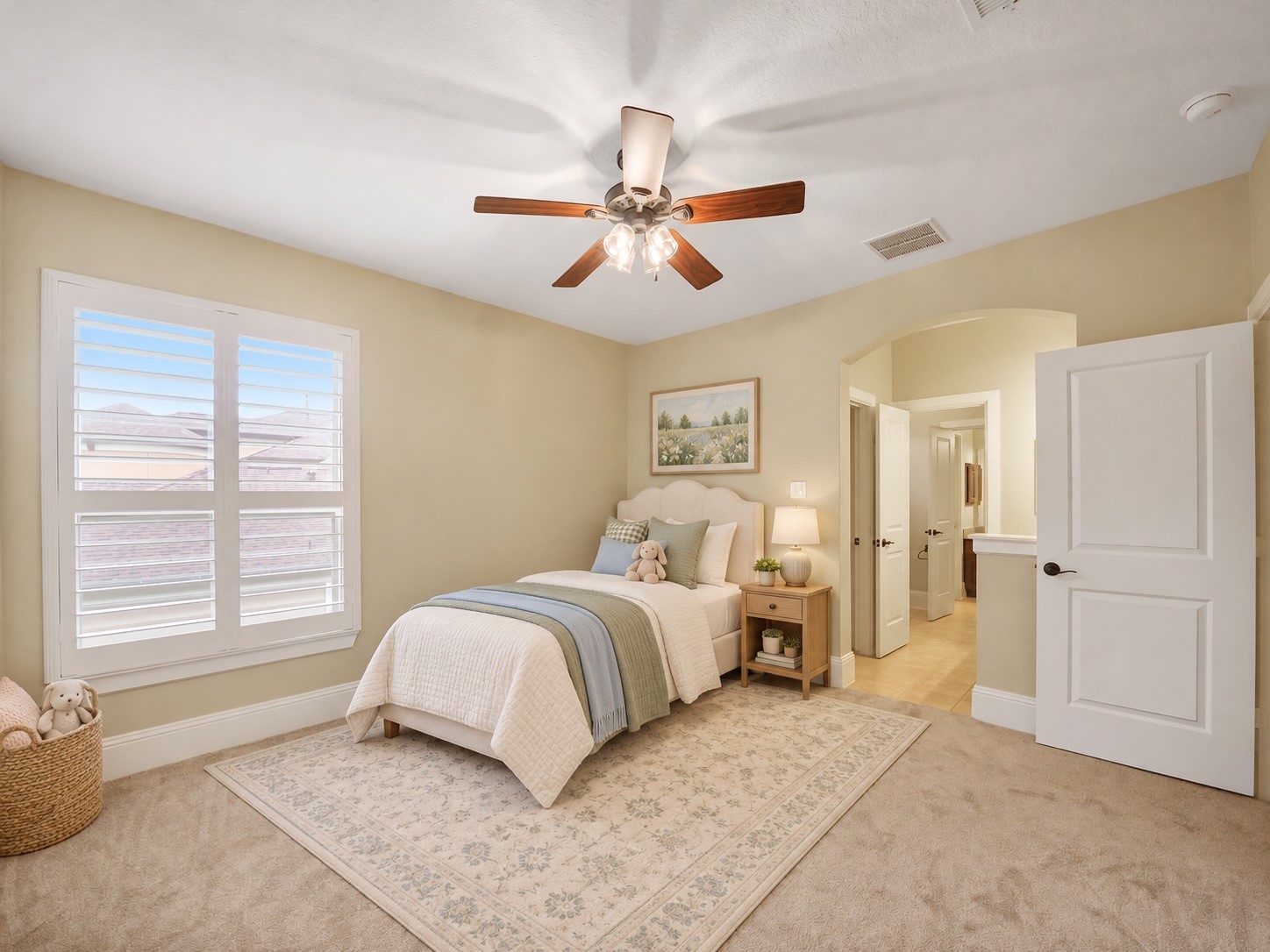 Virtually staged: A warm, polished twin-room arrangement brings the secondary bedrooms sweet, comfortable scale to life.