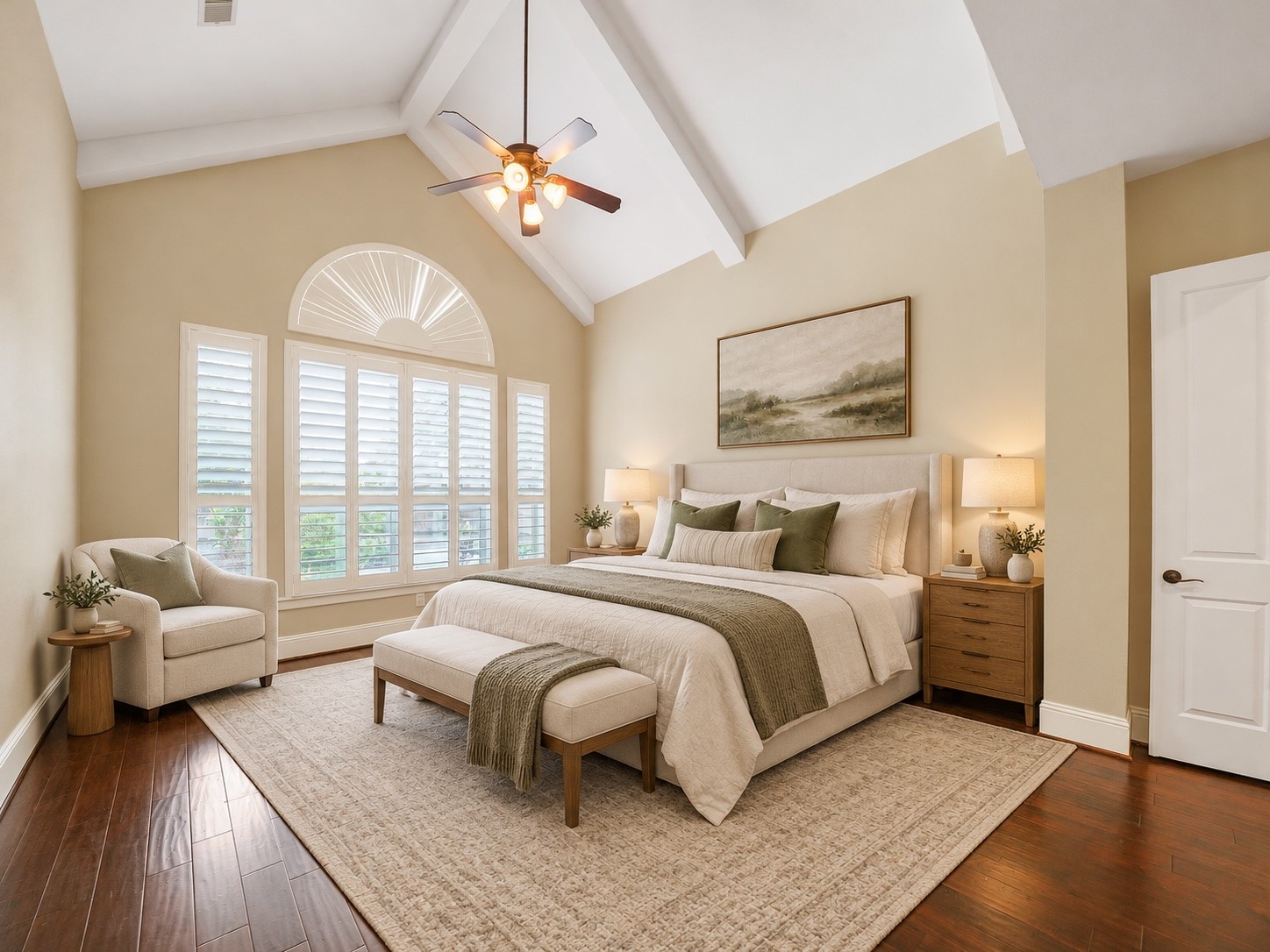 Virtually staged: The first-floor primary suite is styled with a boutique-hotel sensibility, reflecting the serene scale of this private retreat.
