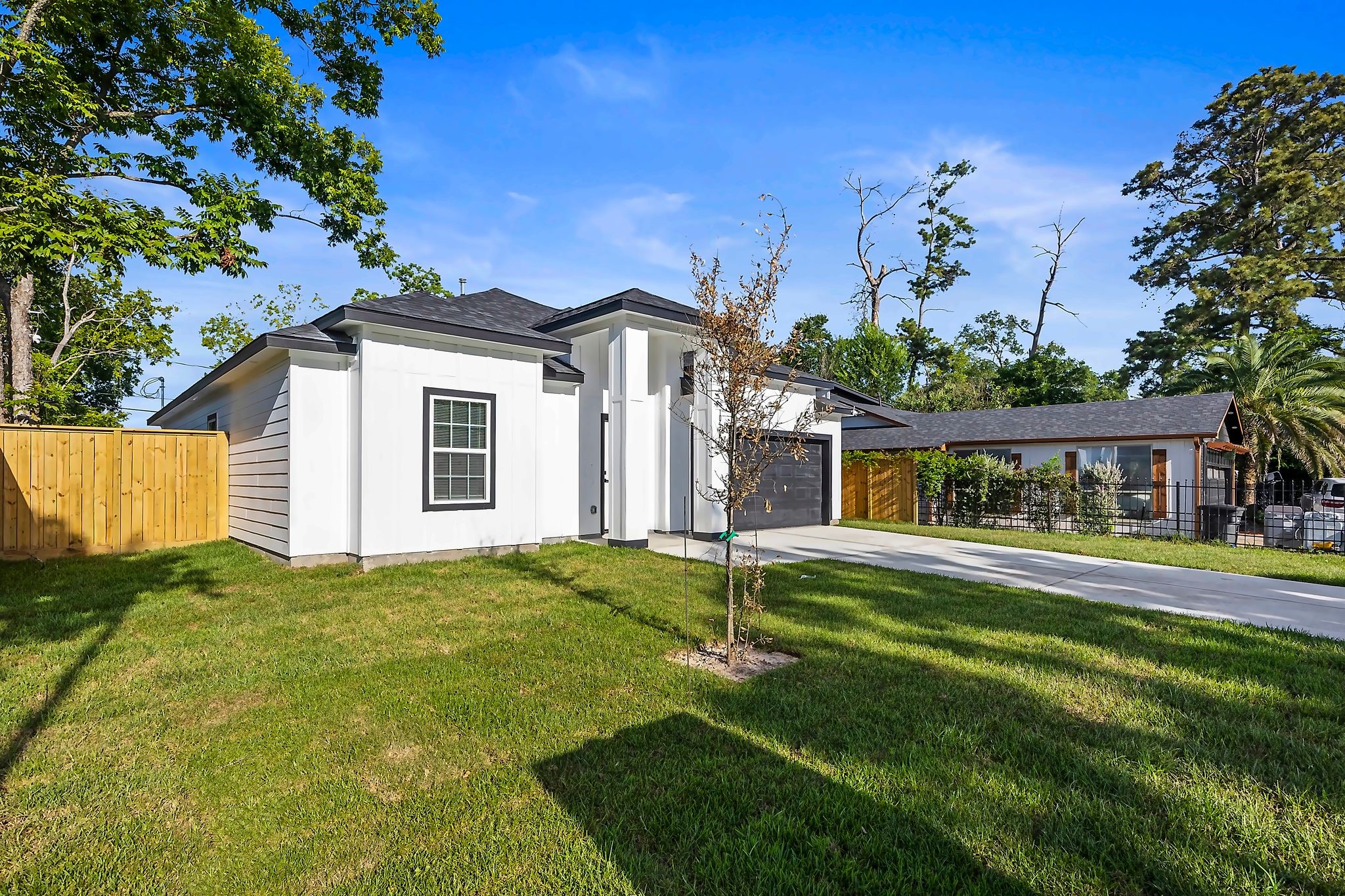 Modern single-story home featuring a sleek design, spacious driveway, and lush green lawn, all set in a serene neighborhood.