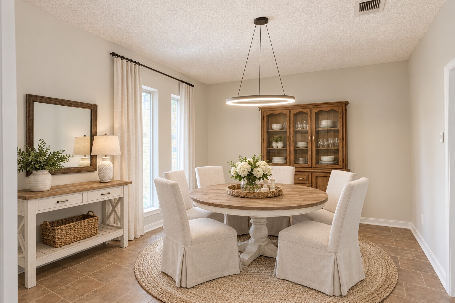 Virtually staged dining room with furniture, rug, and curtains.  The built-in china cabinet stays, but does not have dishes in it.