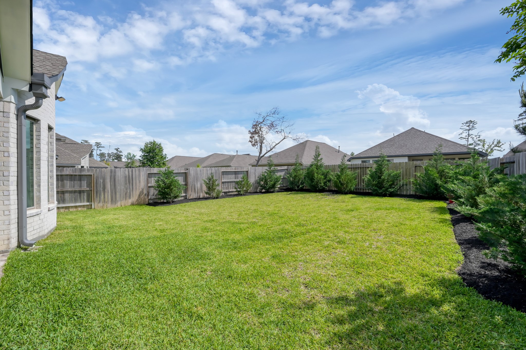 Spacious, fully fenced backyard with lush green lawn, fresh landscaping, and plenty of room for entertaining or outdoor additions.