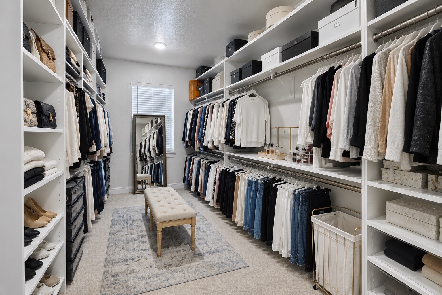 Primary Walk-In Closet digitally staged with existing built-in closet storage.