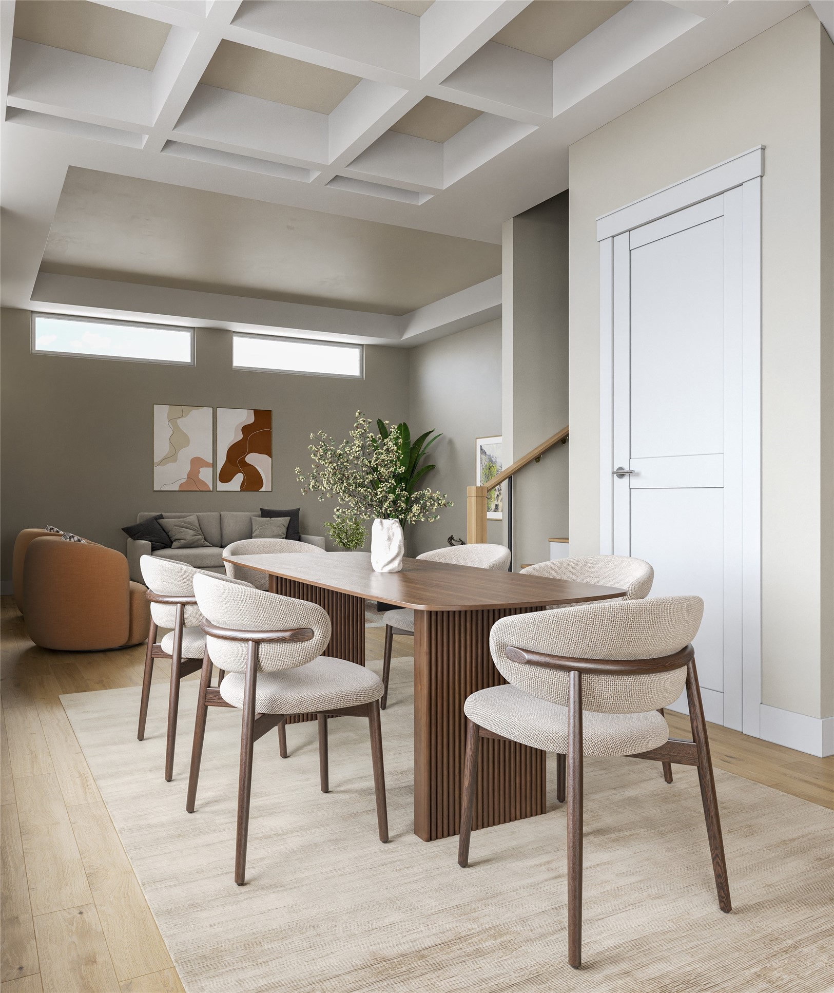 This elegant three-story home features a second-floor dining area with an adjacent study/flex space, balcony, and powder room for versatile living.