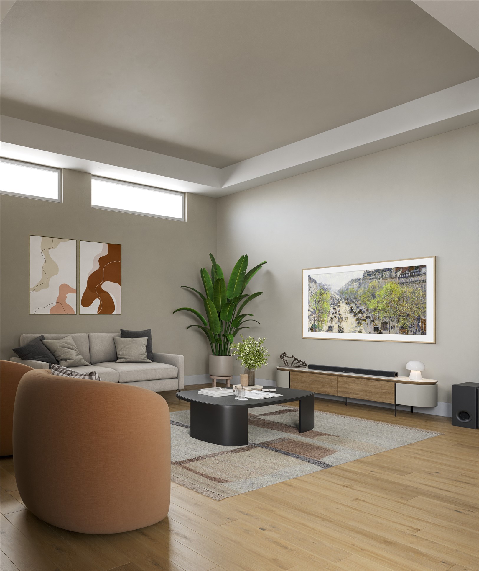 Spacious open-concept living room featuring an electric fireplace, seamlessly flowing into the dining area, perfect for entertaining.