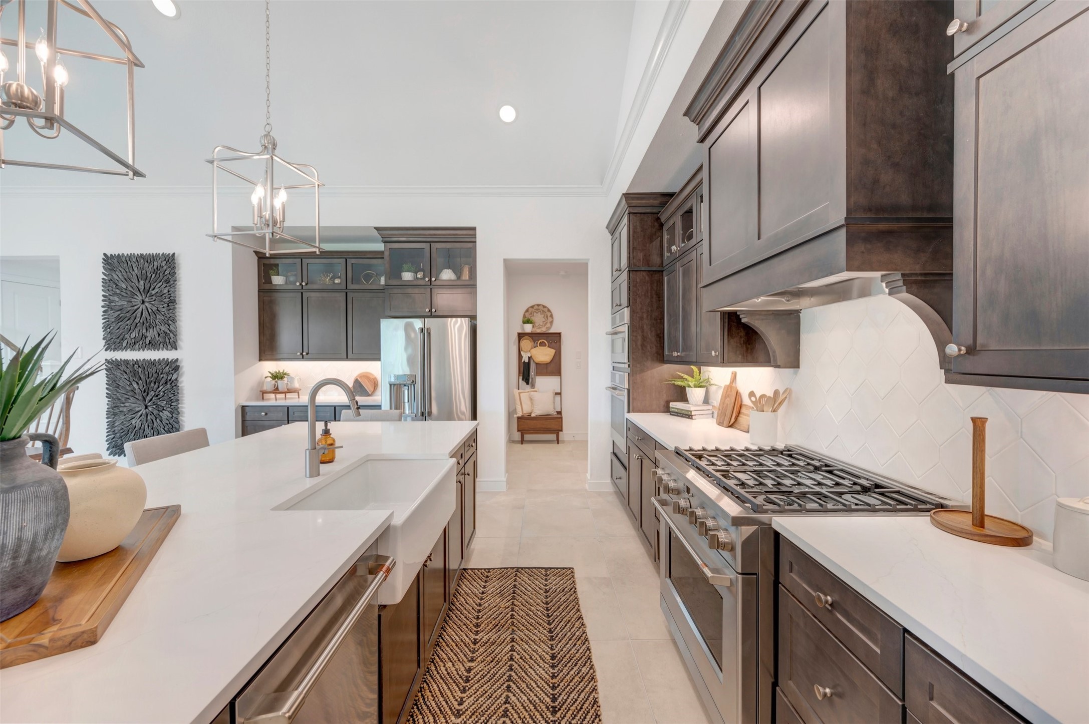 Stunning kitchen with dark stain stacked cabinets