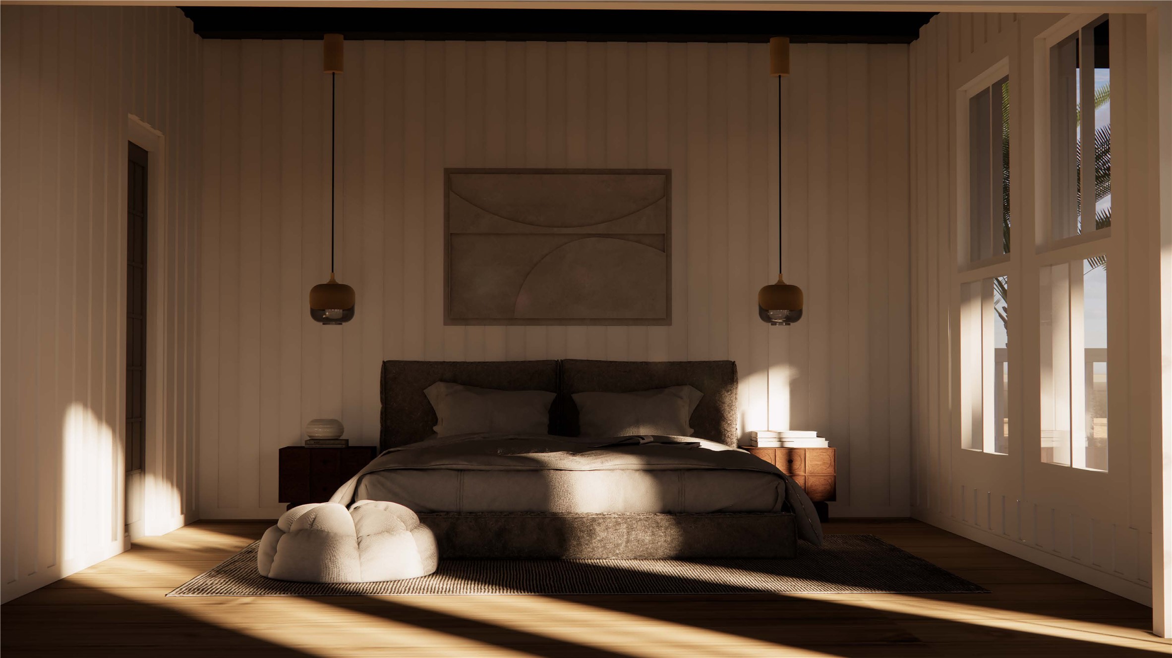 The owners suite rendering highlights a spacious layout filled with natural light and soft, coastal finishes.
