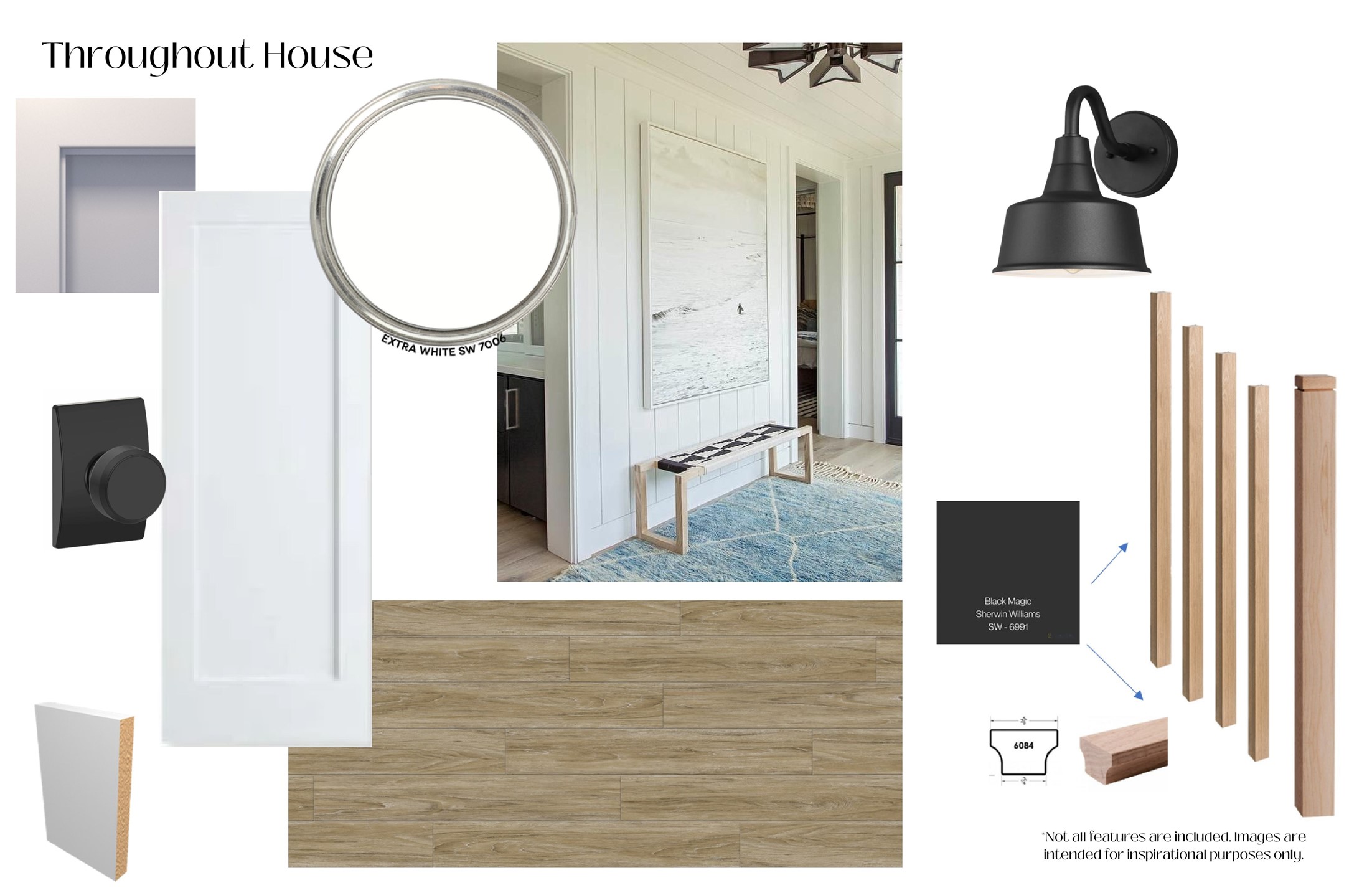 Interior selections throughout the home include white oak luxury vinyl plank flooring, Extra White walls, black hardware, shiplap accents, and modern lighting details.