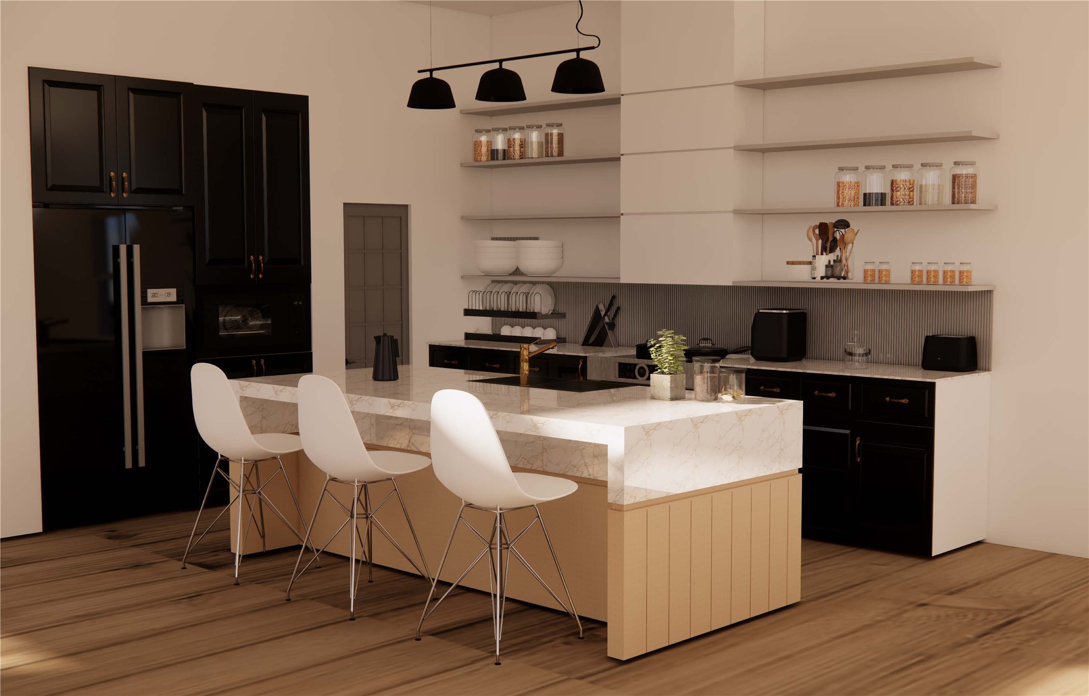 The kitchen rendering showcases a 9-foot island with a waterfall edge, and brushed golden brass hardware.