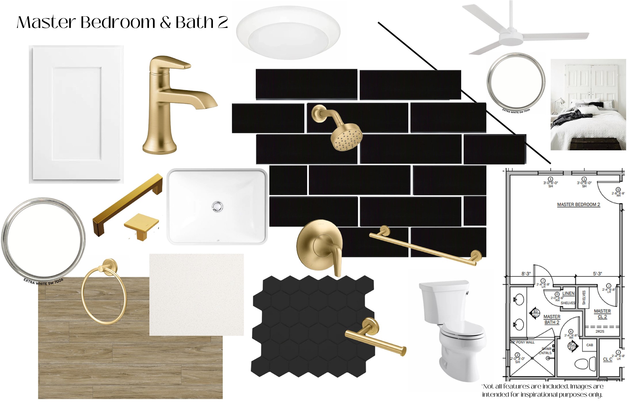 The second primary suite highlights white oak luxury vinyl plank flooring, Extra White cabinetry, bold black subway and hexagon tile, and brushed golden brass fixtures for a dramatic yet timeless look.
