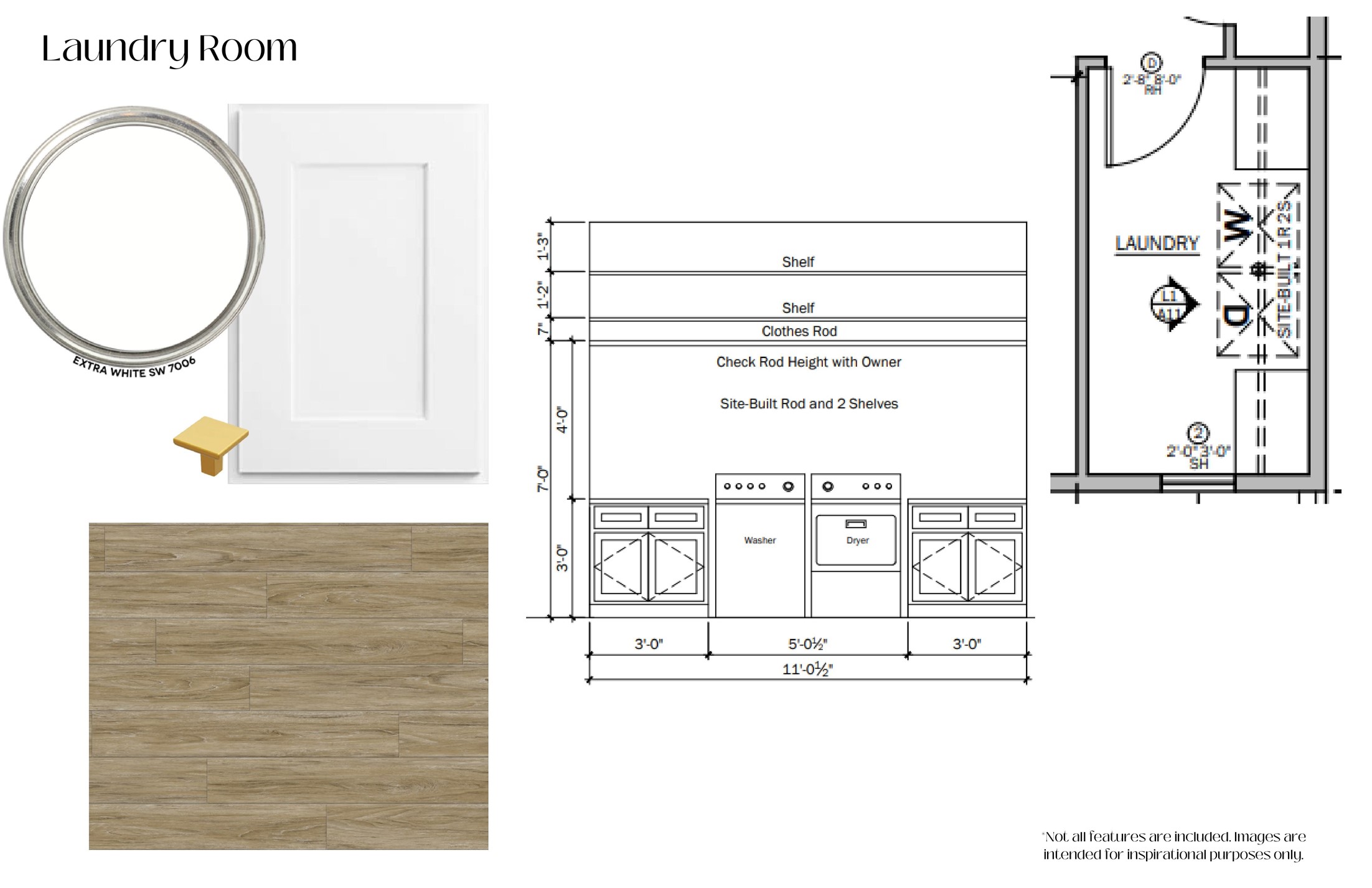 The laundry room offers built-in cabinetry, hanging rods, shelving, white oak LVP flooring, and crisp Extra White finishes.