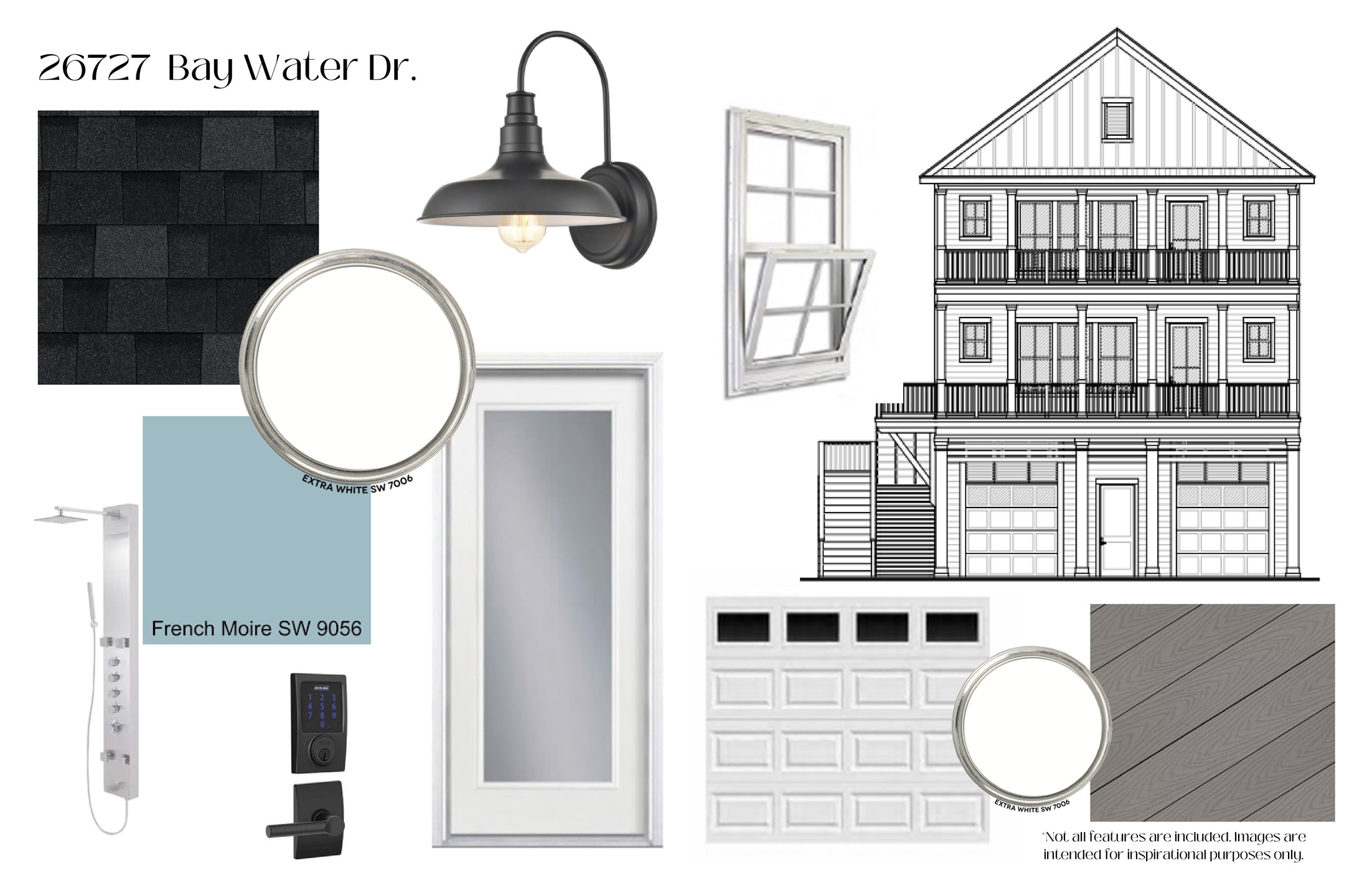 The exterior design features crisp Extra White siding with French Moir blue trim, black roof shingles, a Therma Tru full-lite glass door, and coastal-inspired lantern lighting.