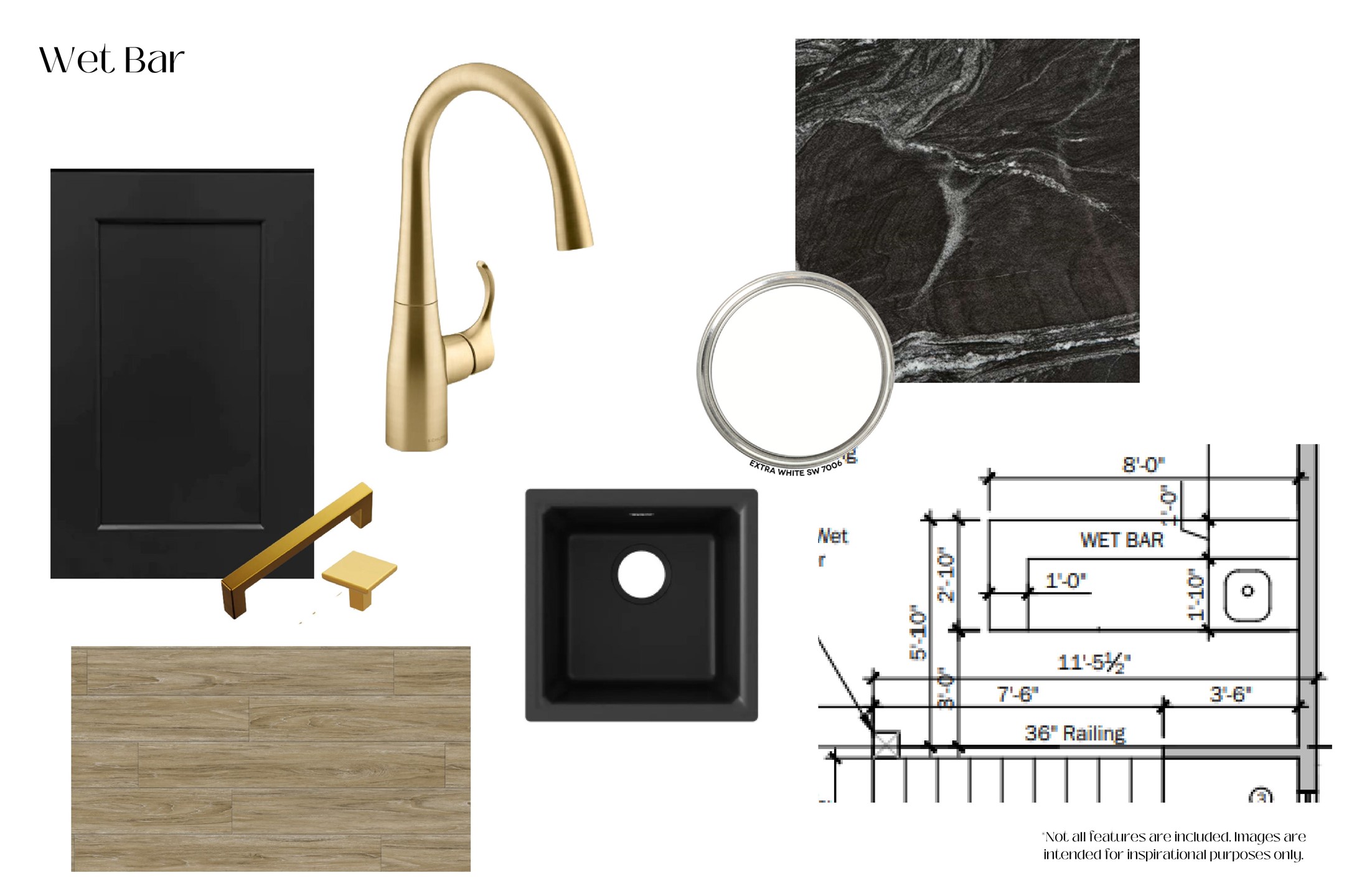 The wet bar features black cabinetry, golden brass hardware, a sleek undermount sink, and a dark stone countertop for stylish entertaining.