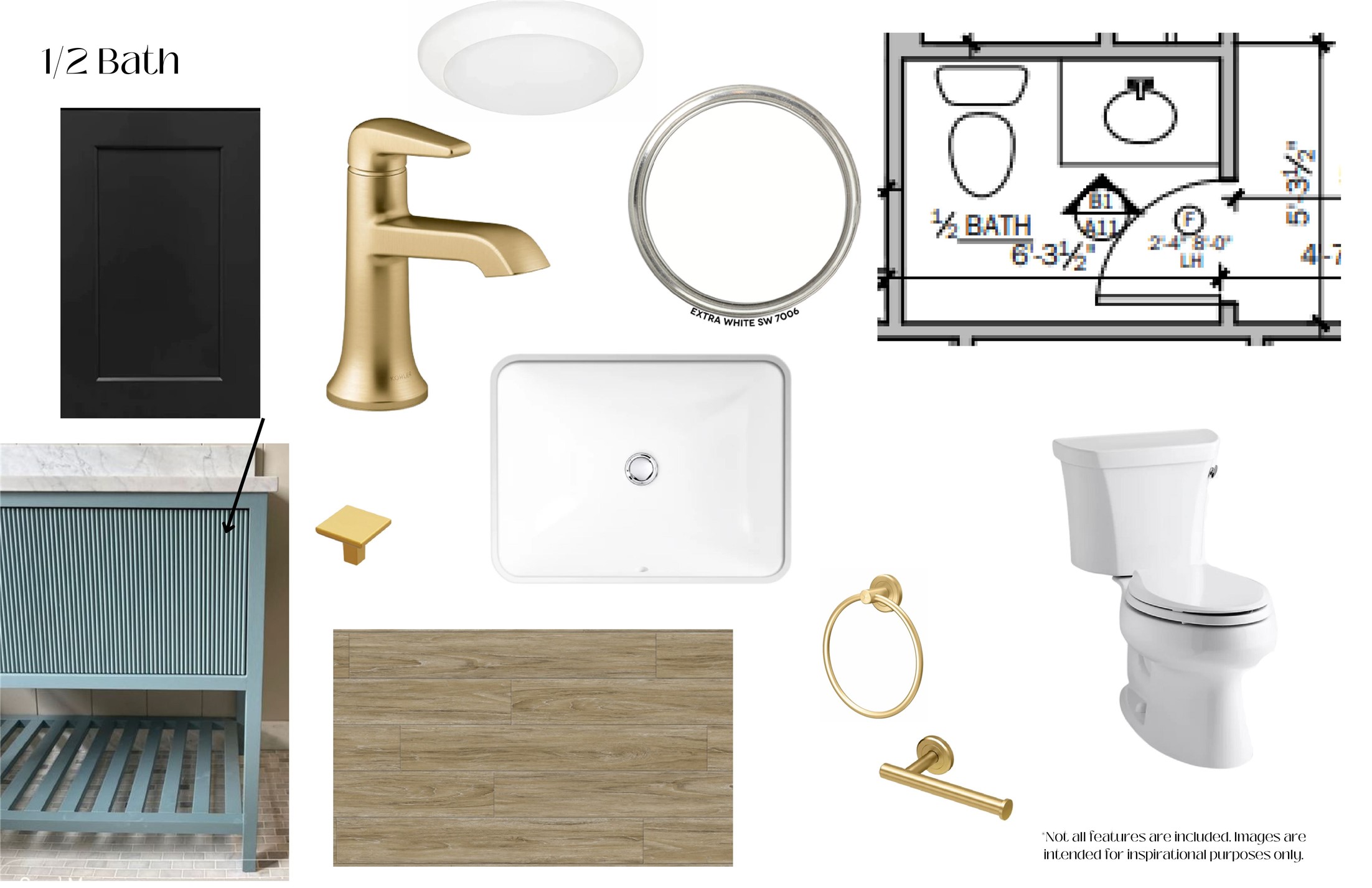 The half bath combines a custom vanity with painted blue detailing, brushed golden brass hardware, a white undermount sink, and timeless oak flooring.