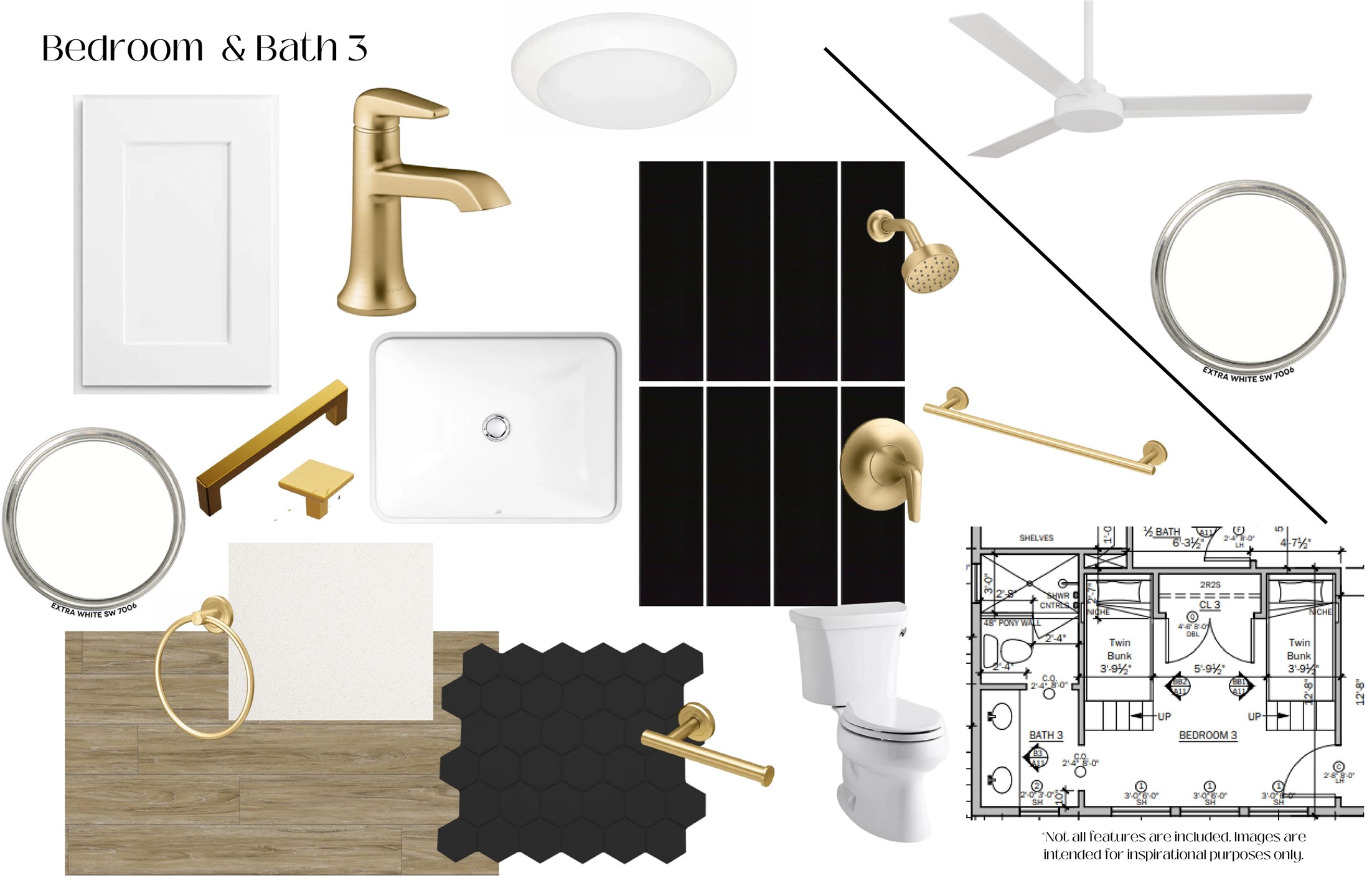 Bedroom 3 and its ensuite bath feature Extra White cabinetry, black tile accents, white oak LVP flooring, and brushed golden brass fixtures.