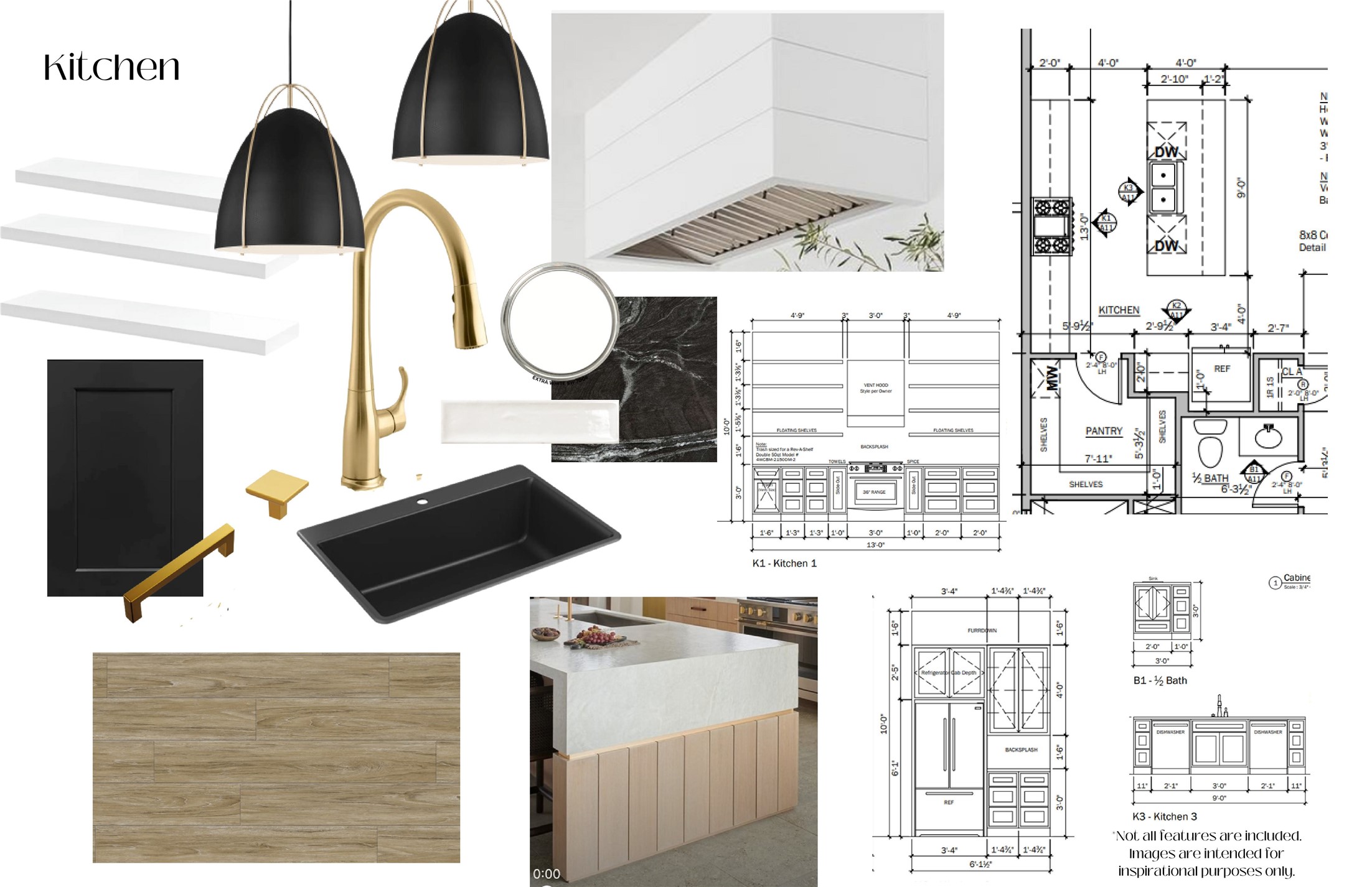 The kitchen design showcases a 9-foot island with waterfall edge, black cabinetry, brushed golden brass hardware, LG stainless appliances, and dramatic black pendant lighting.