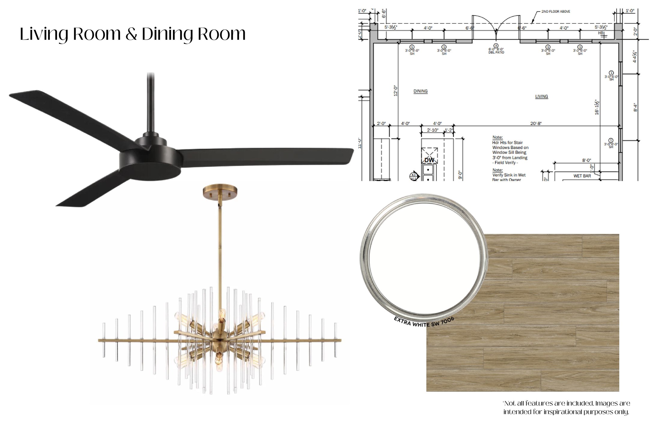 The living and dining areas include wide-plank white oak LVP flooring, Extra White walls, a dramatic modern chandelier, and sleek ceiling fans.