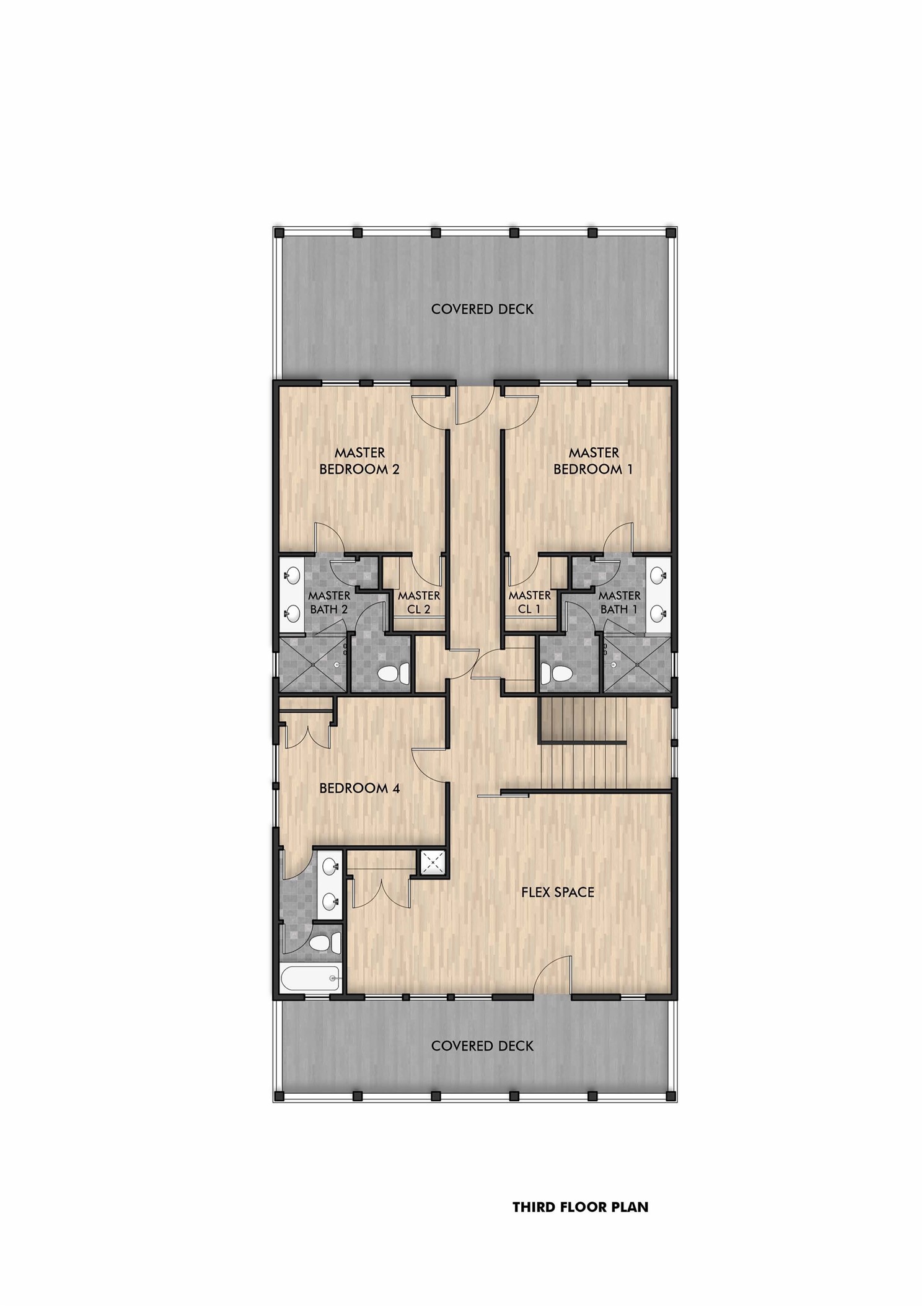 The upper-level plan features two primary suites, a flex room and guest bedroom suite, designed for ultimate flexibility.